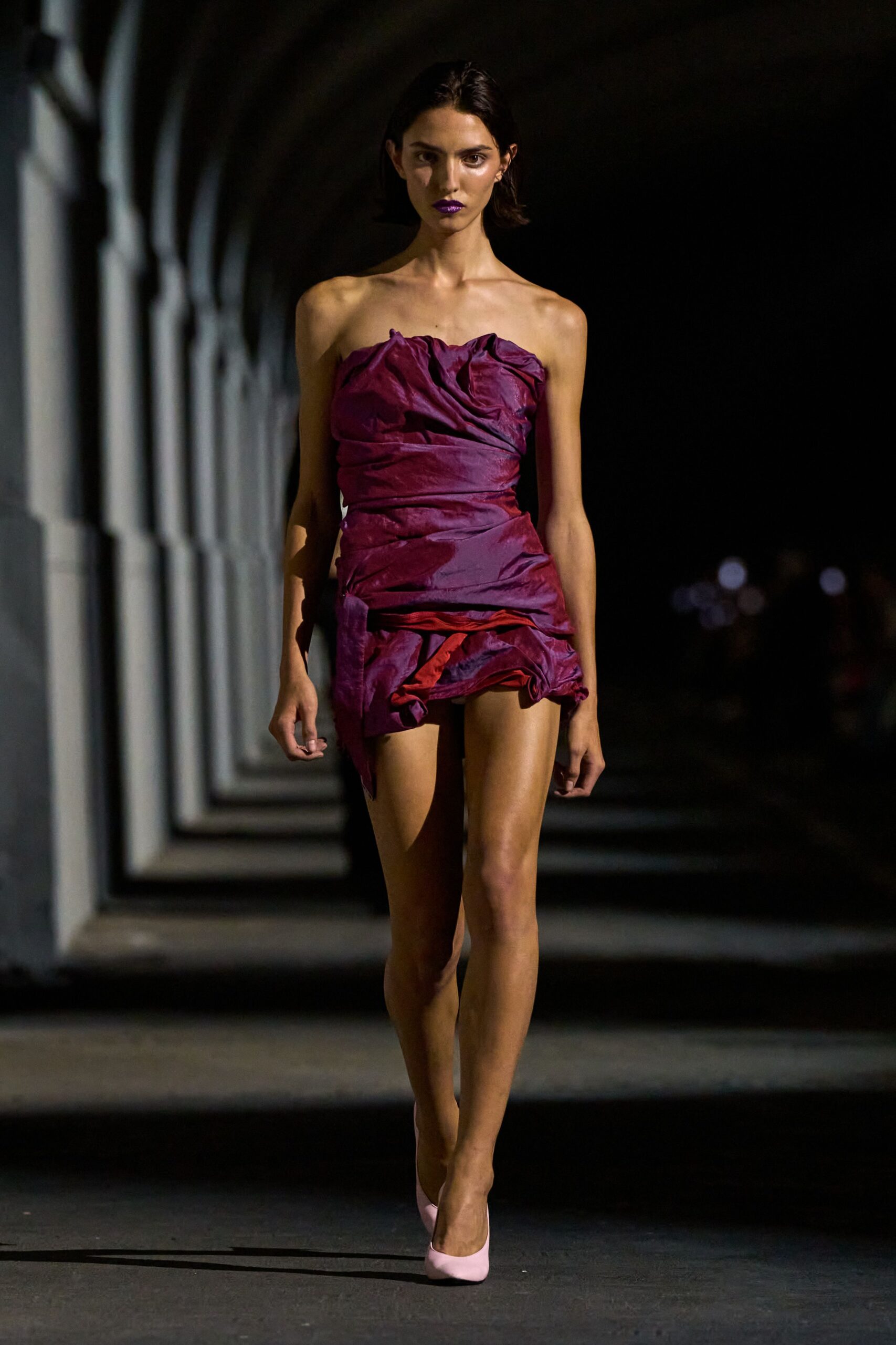 purple satin strapless asymmetric fitted draped ruched mini-dress