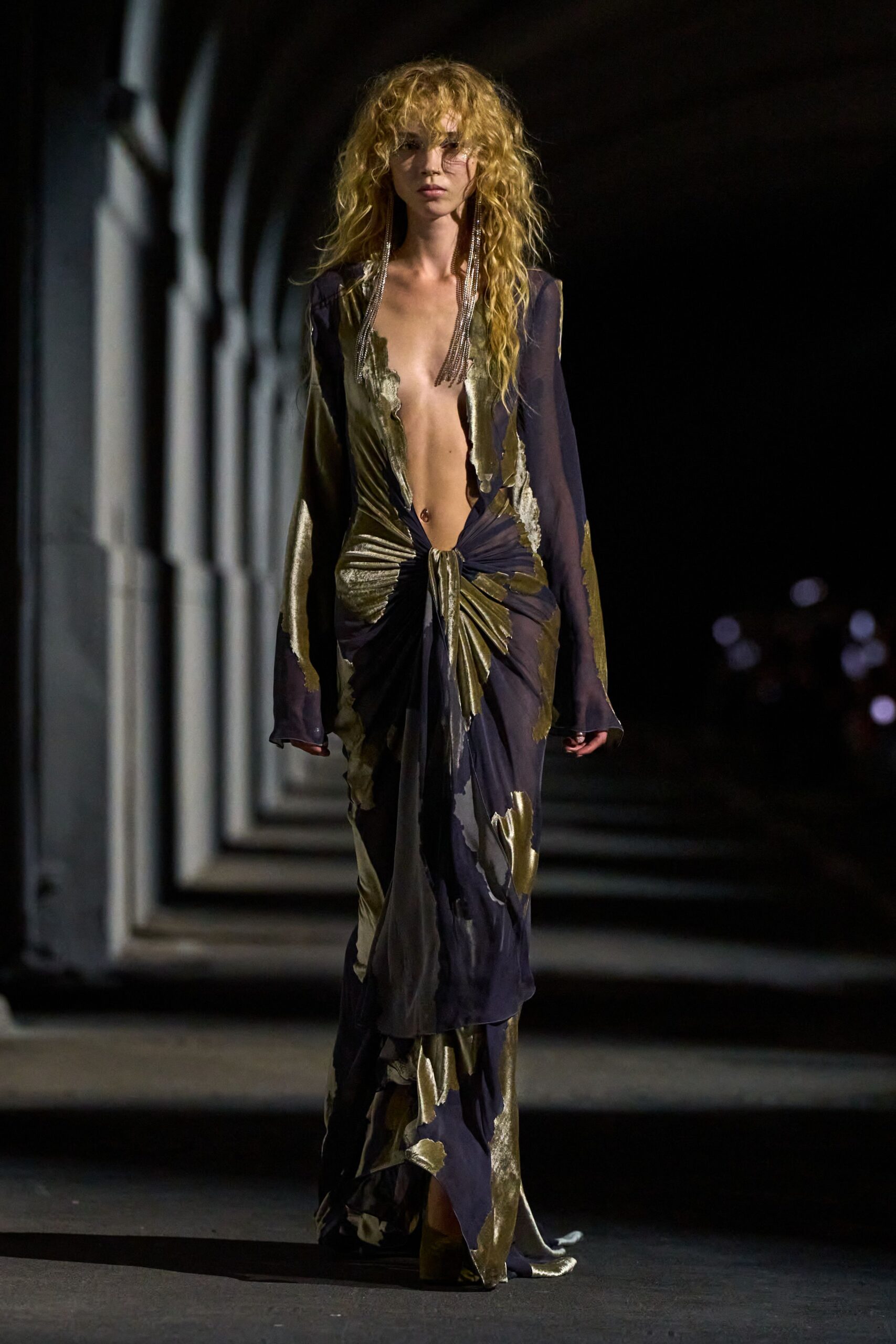purple chiffon long-sleeve low-cut printed draped gown