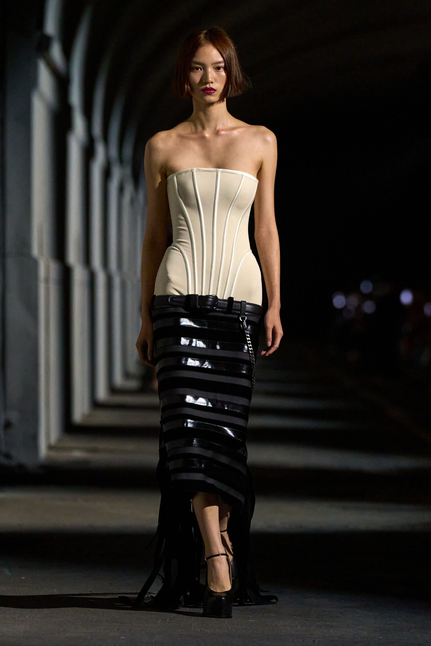 ivory unknown strapless asymmetric fitted striped shiny dress