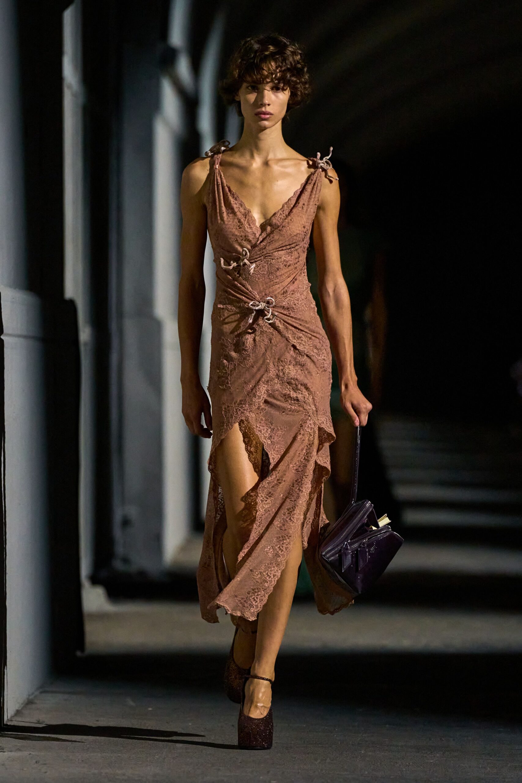 brown lace sleeveless v-neck fitted ruched draped maxi-dress