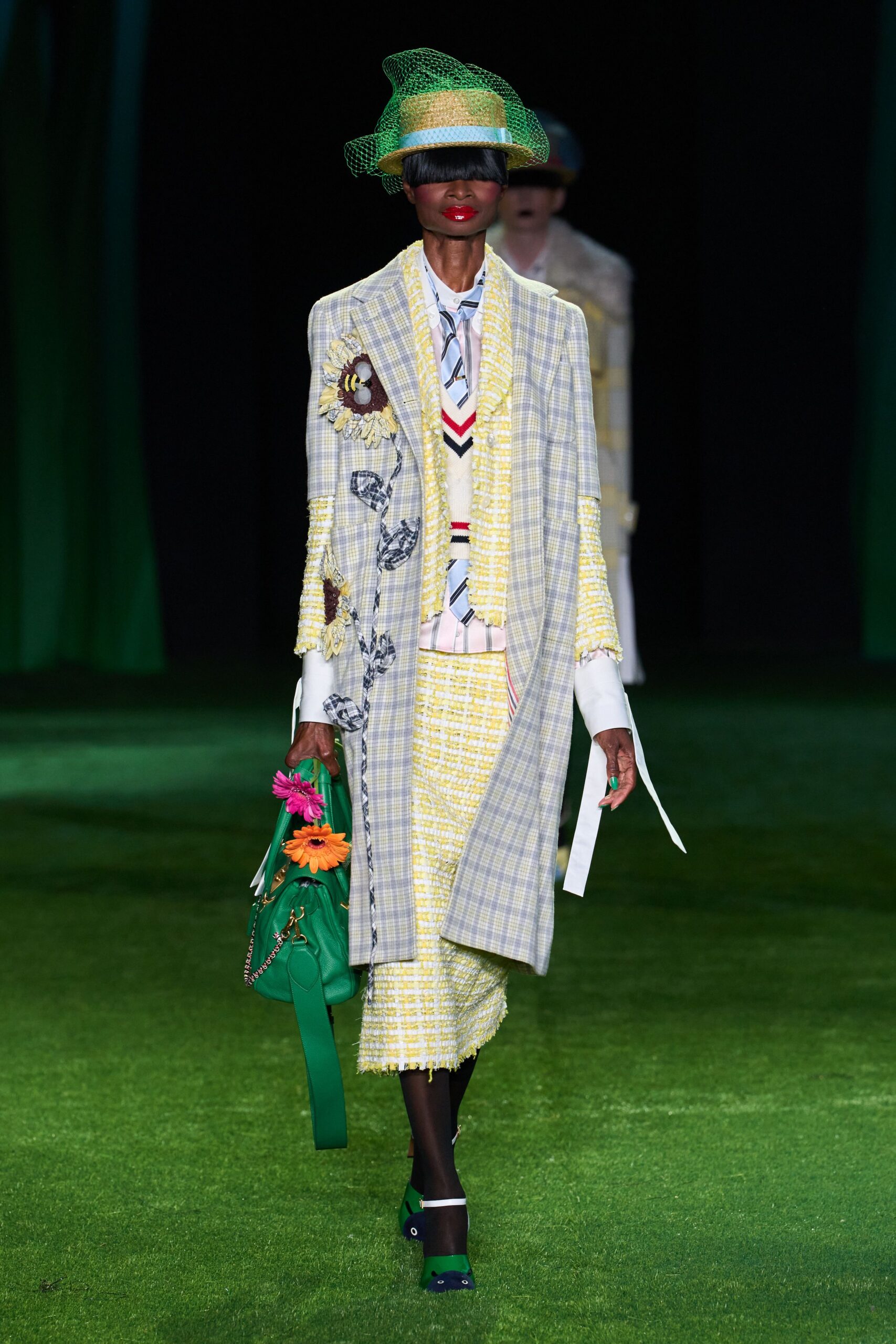 floral appliqué checked long coat