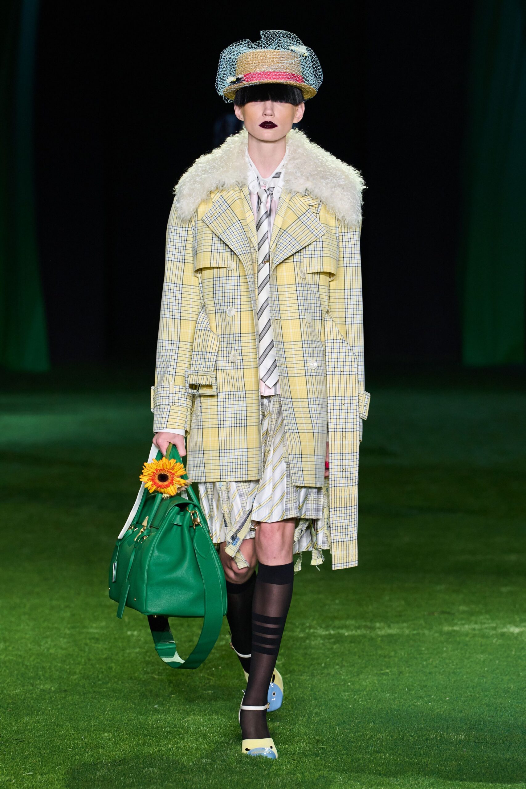 yellow checked fur-collar blanket coat