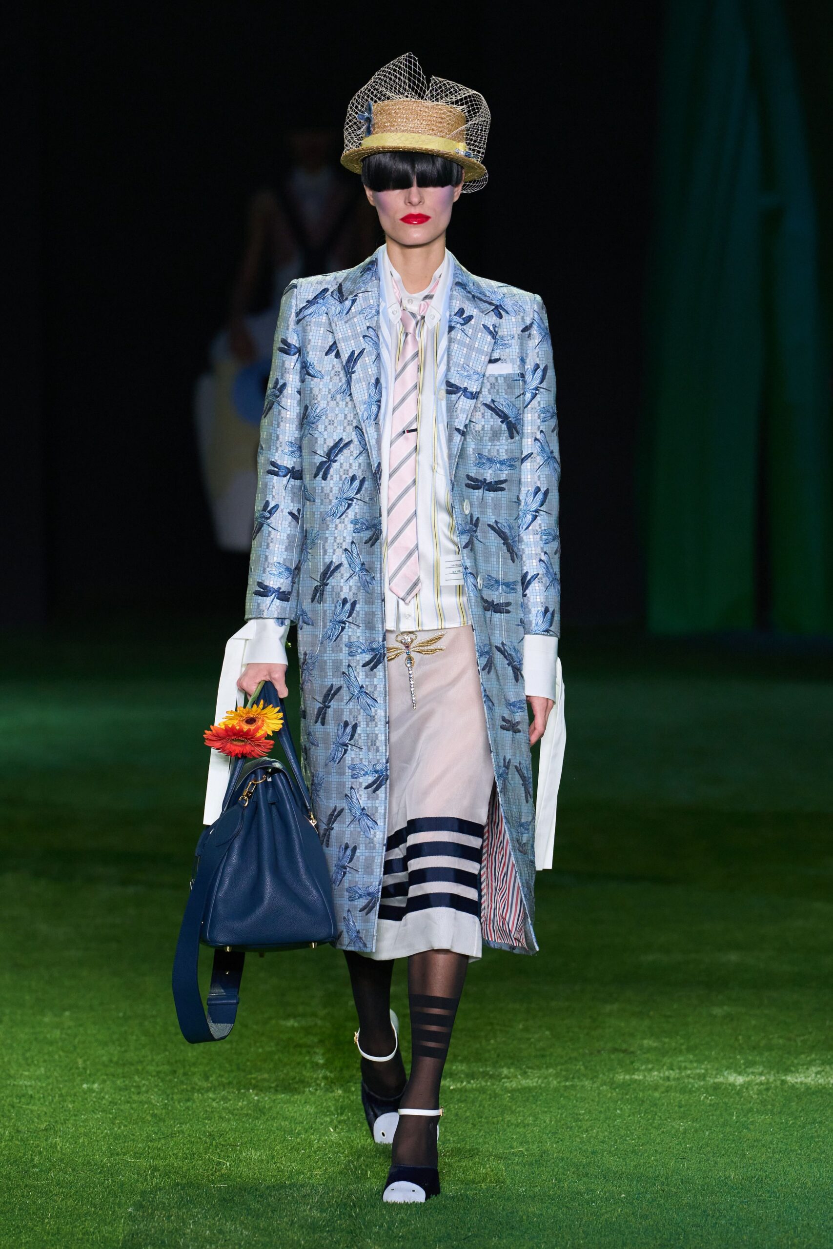 dragonfly-print long tailored coat