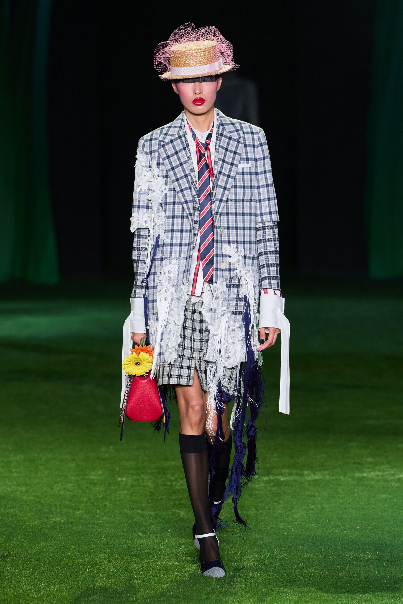 checked lace-appliqué long blazer