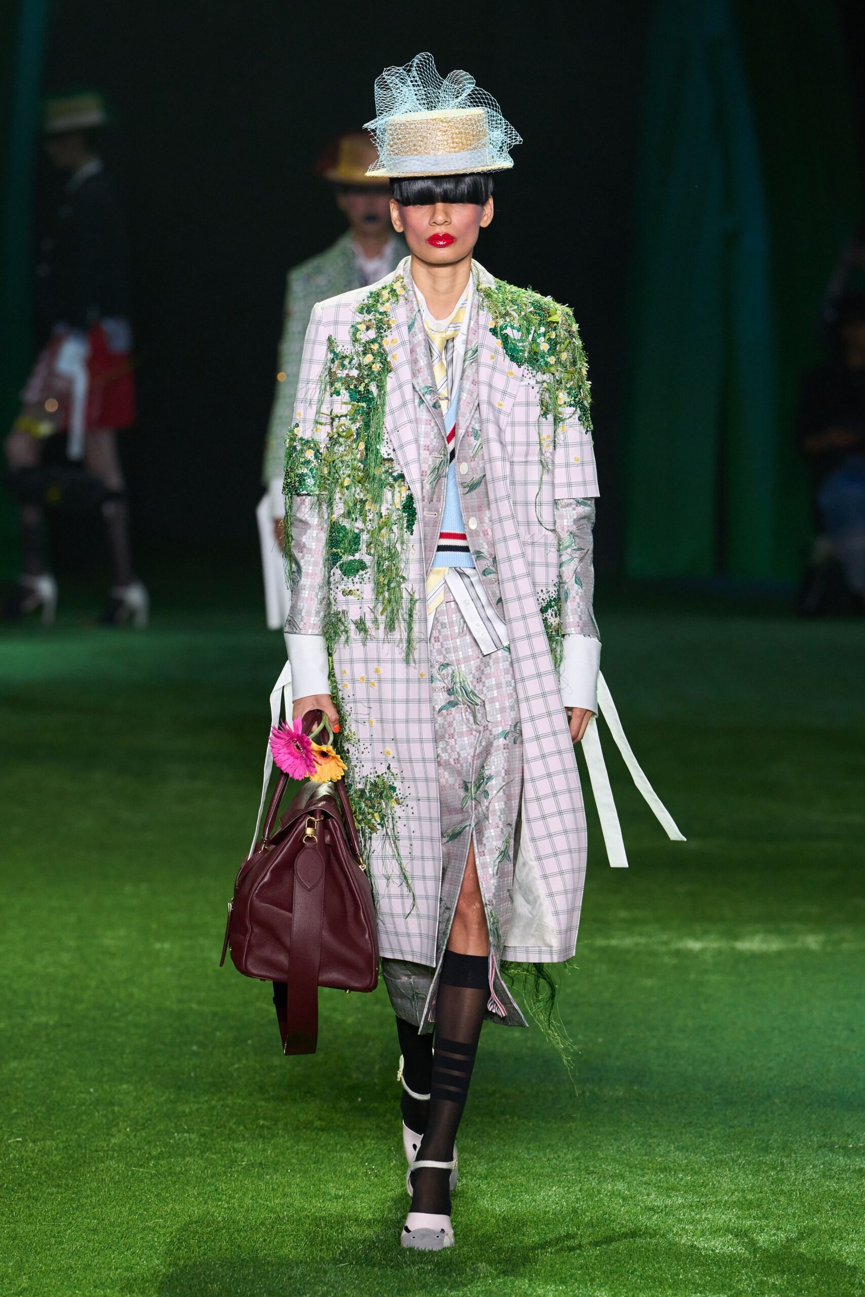embellished pink checked duster coat