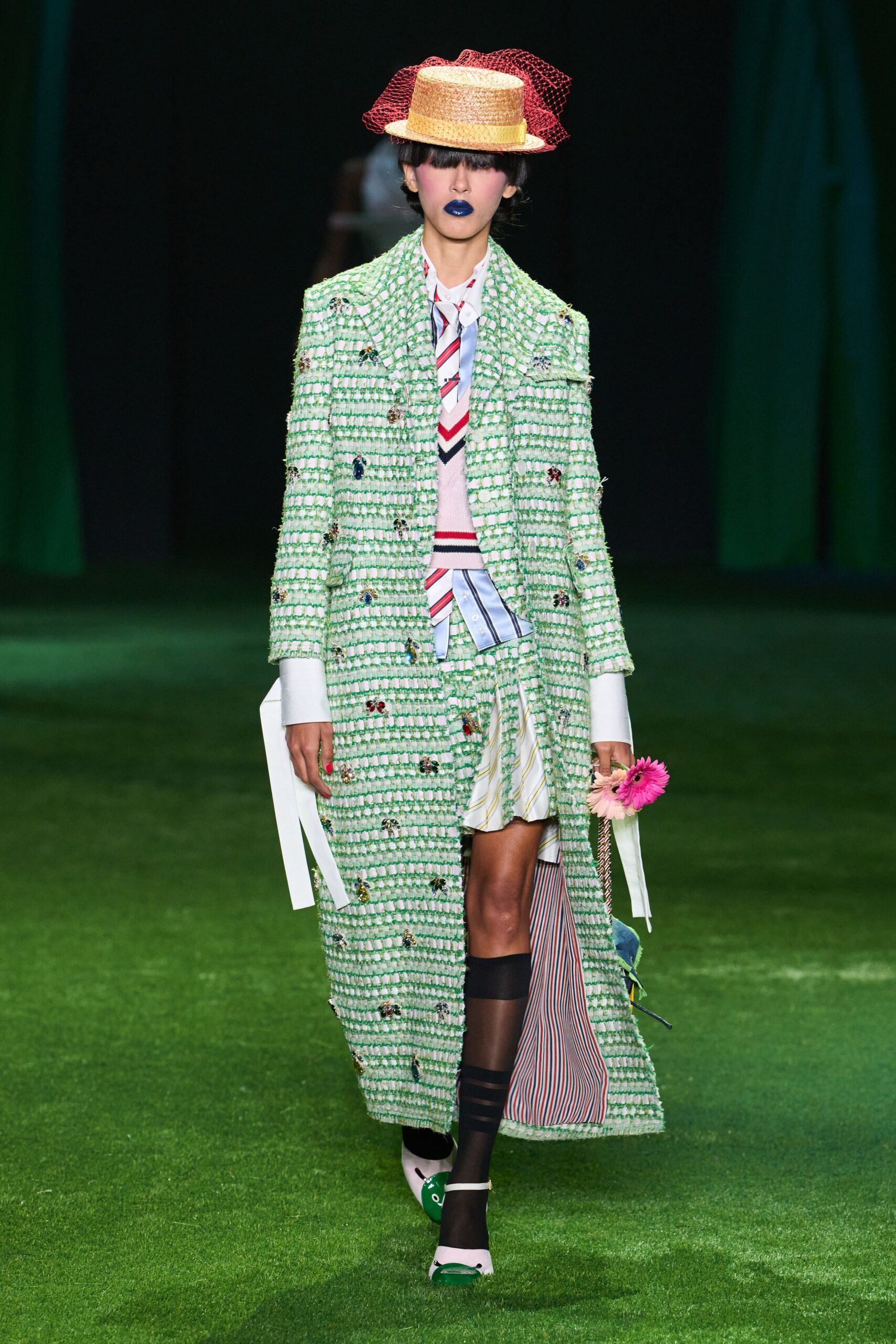 green tweed embellished duster coat
