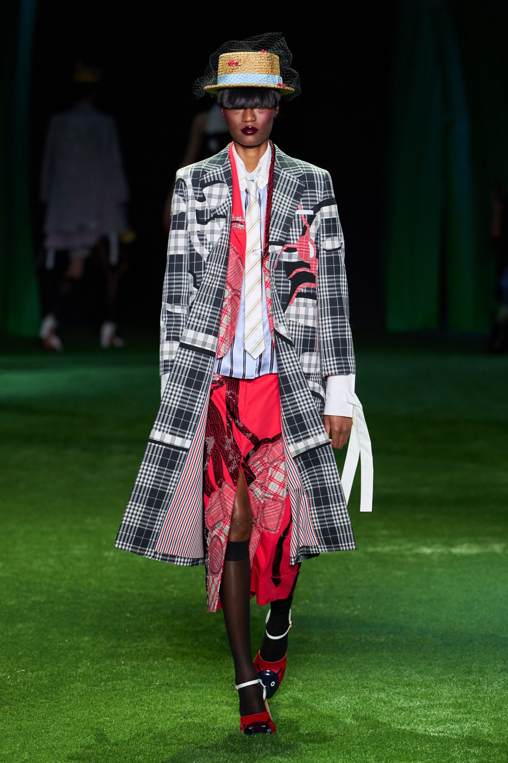 patchwork plaid overcoat with boater hat
