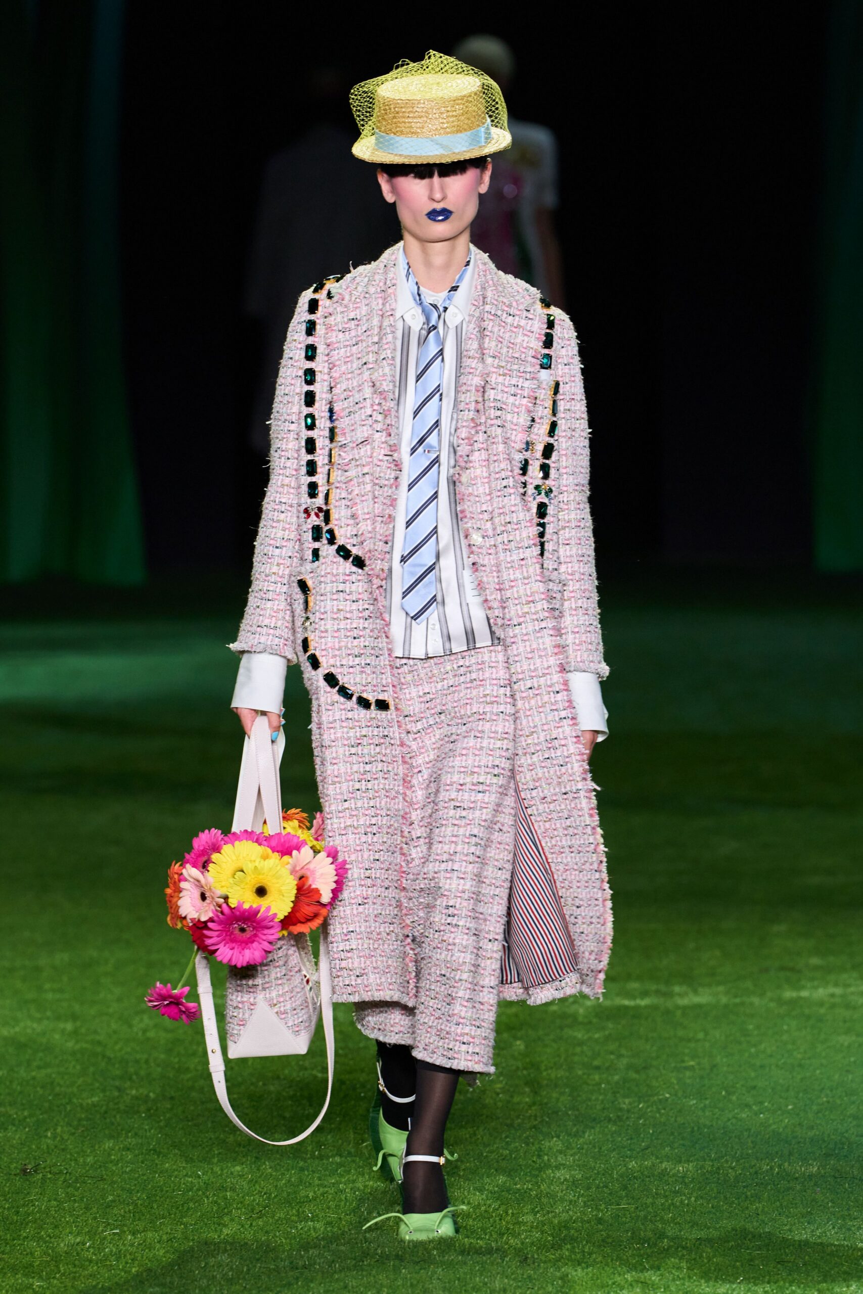 pink tweed embellished oversized coat
