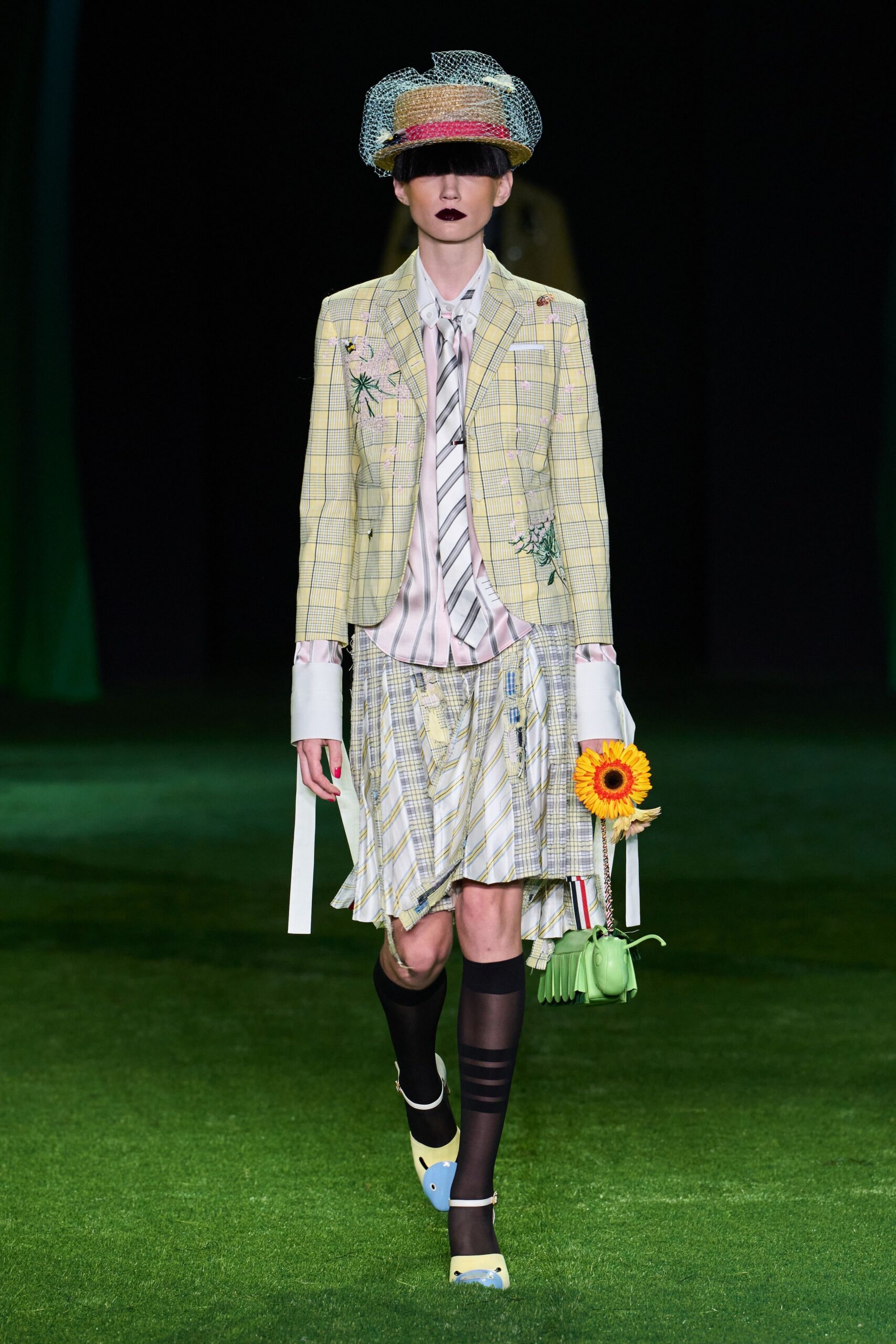 yellow checked embroidered blazer