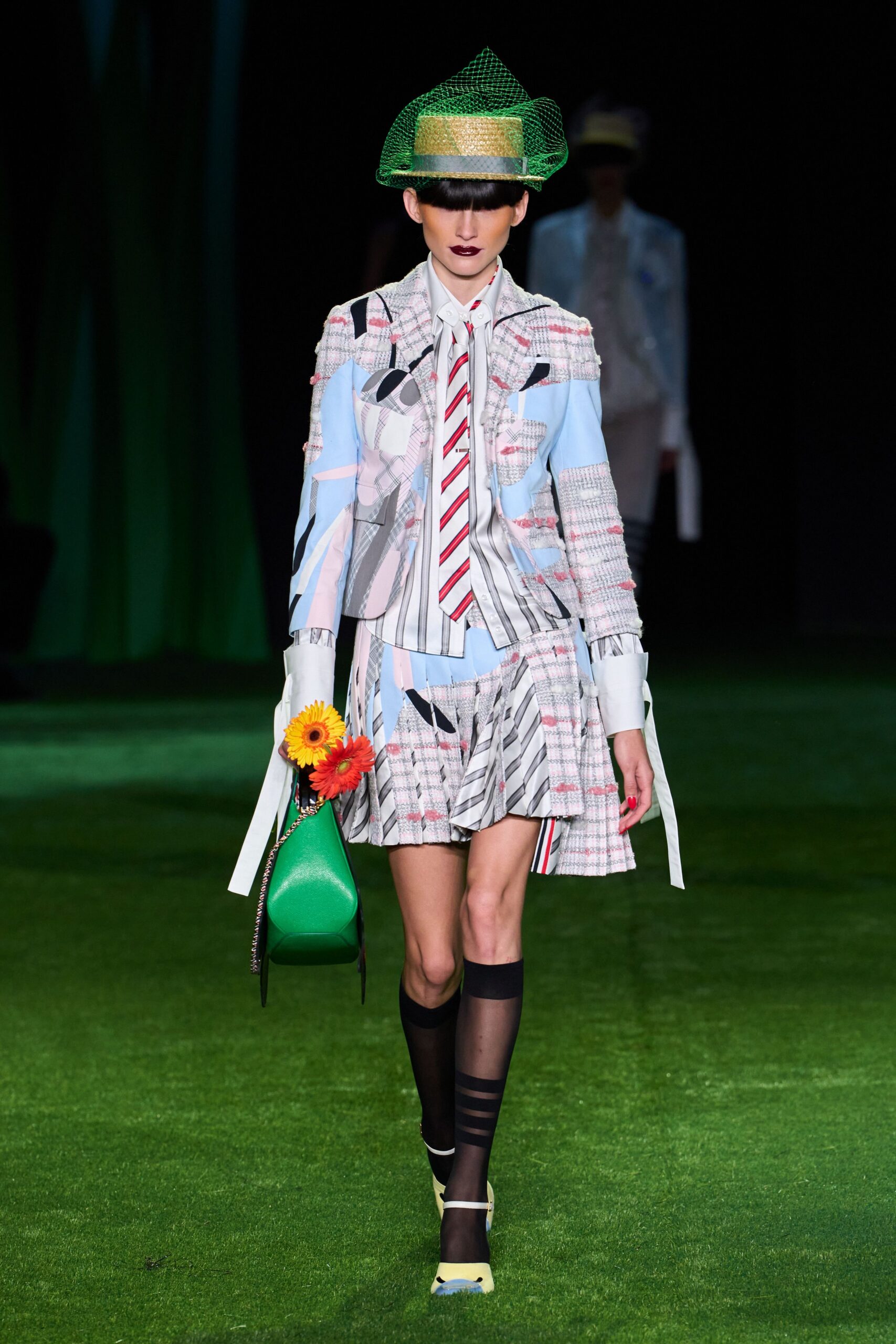 patchwork tweed blazer and pleated skirt