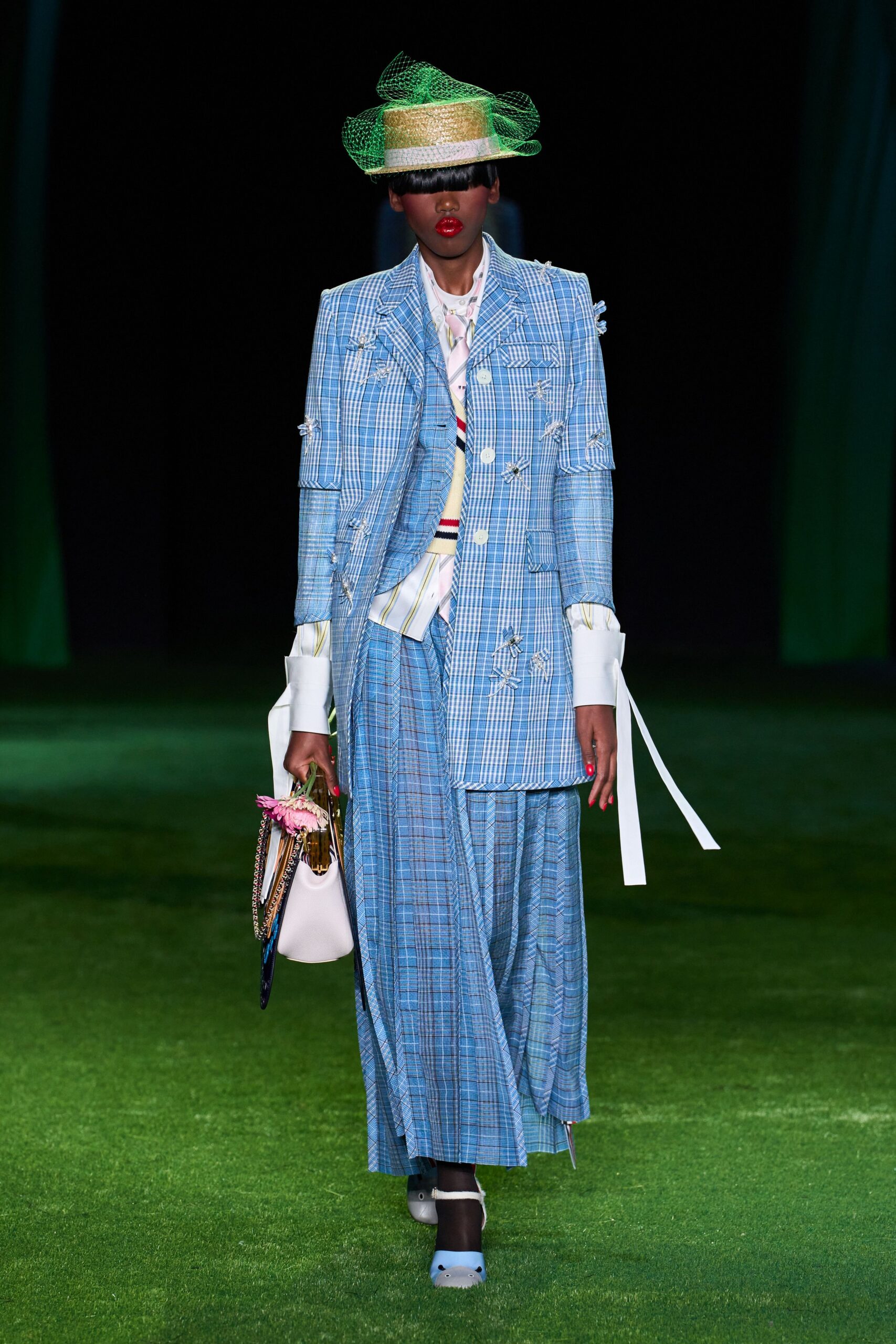 blue checked embellished blazer