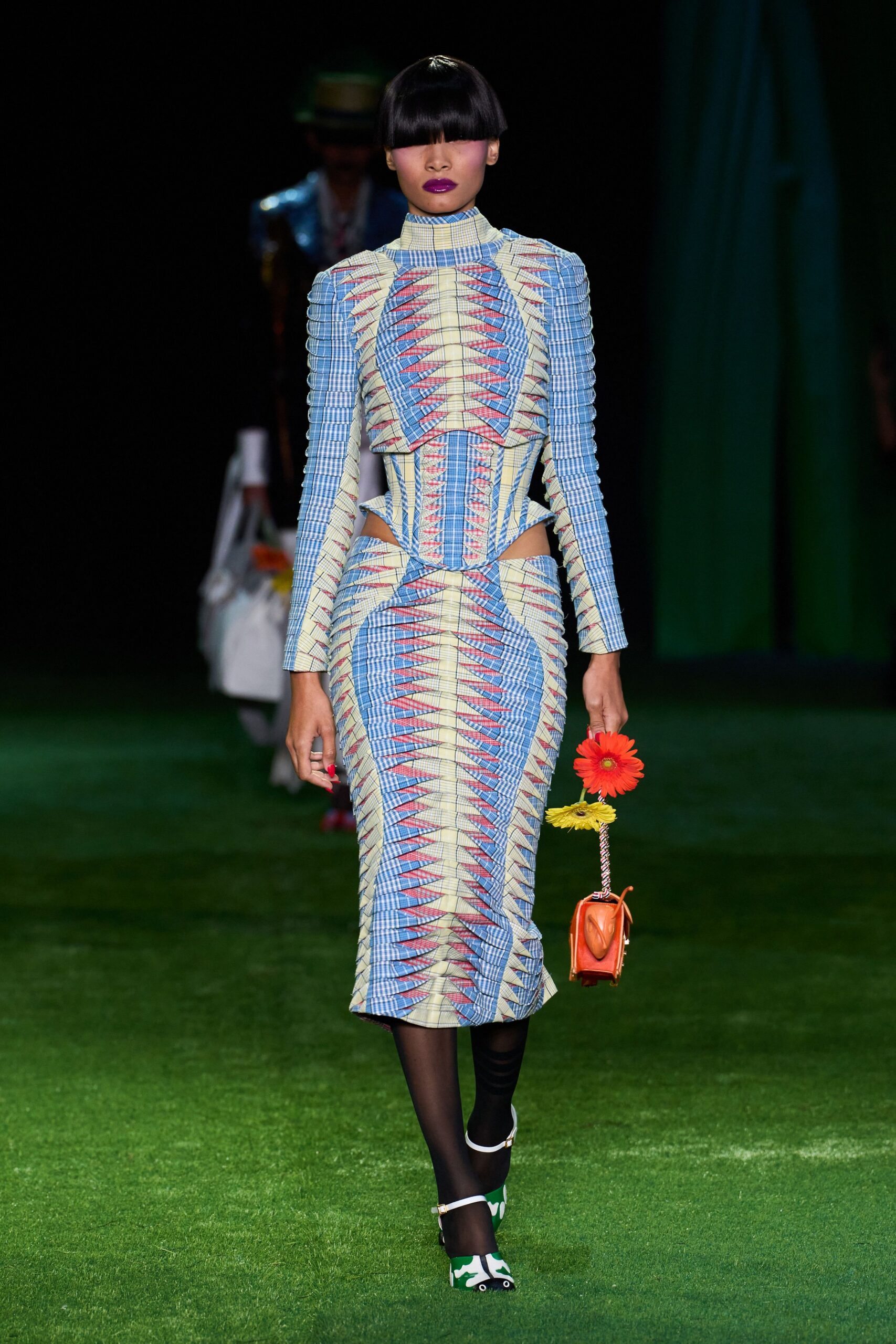 corseted checked cutout midi dress