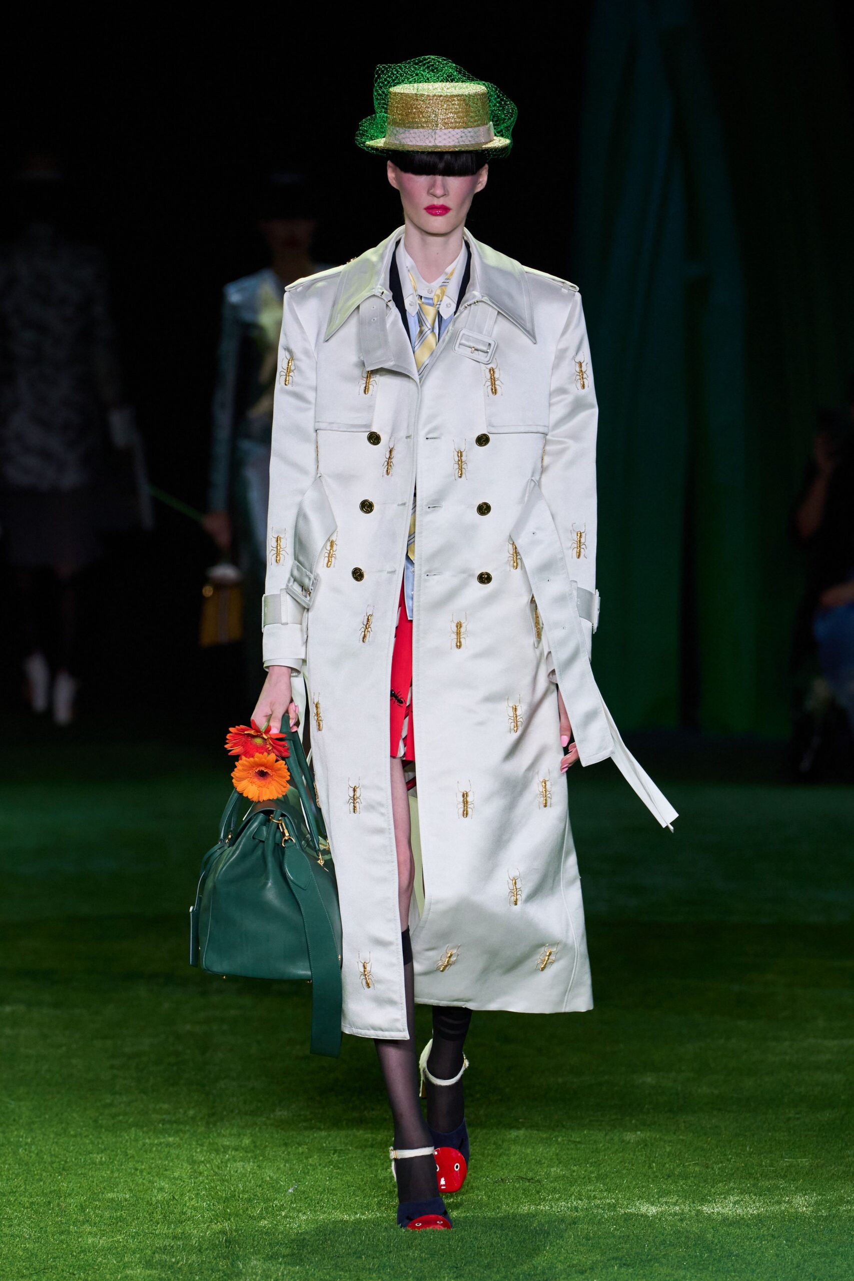 ant-embroidered ivory trench coat