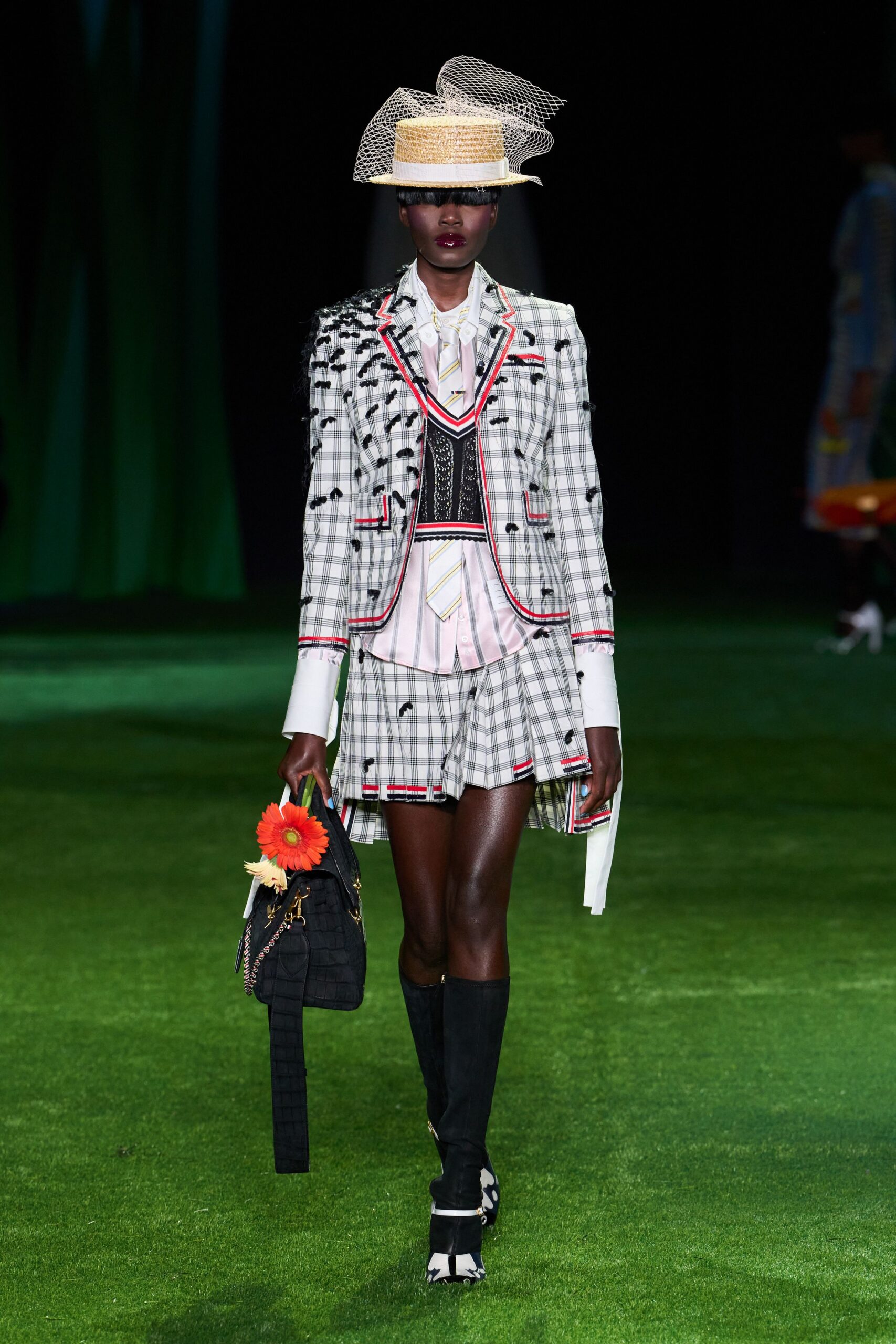 checked embellished blazer with contrast trim