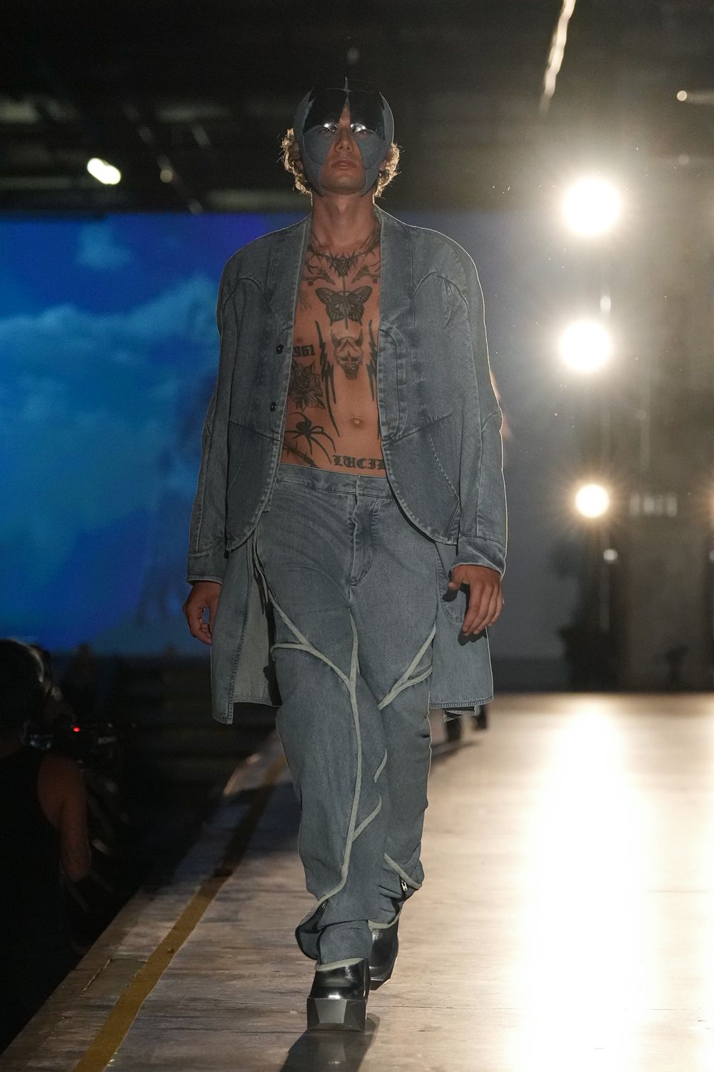 curved-front denim jacket