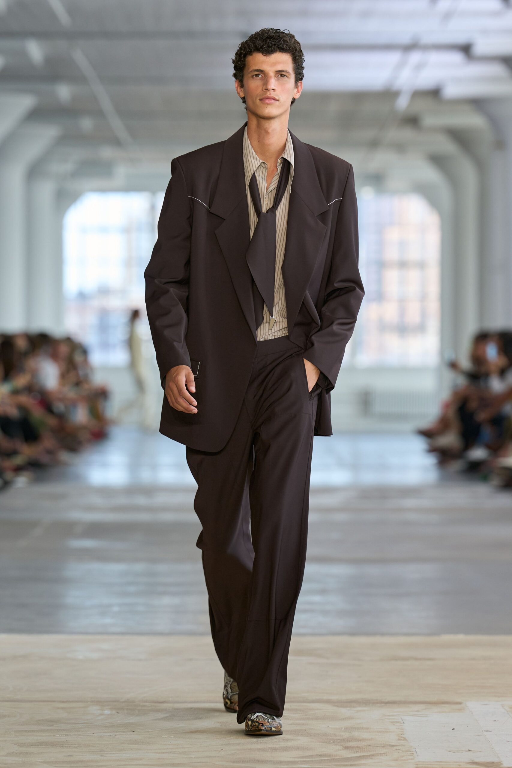 Oversized espresso blazer with peaked lapels and a thin white pick-stitch. Taupe striped shirt worn open at the throat. Long dark tie hanging loose and off-center. Matching fluid trousers breaking deep over the shoe. Python boots with squared toes. First day back in the office after deciding not to quit.