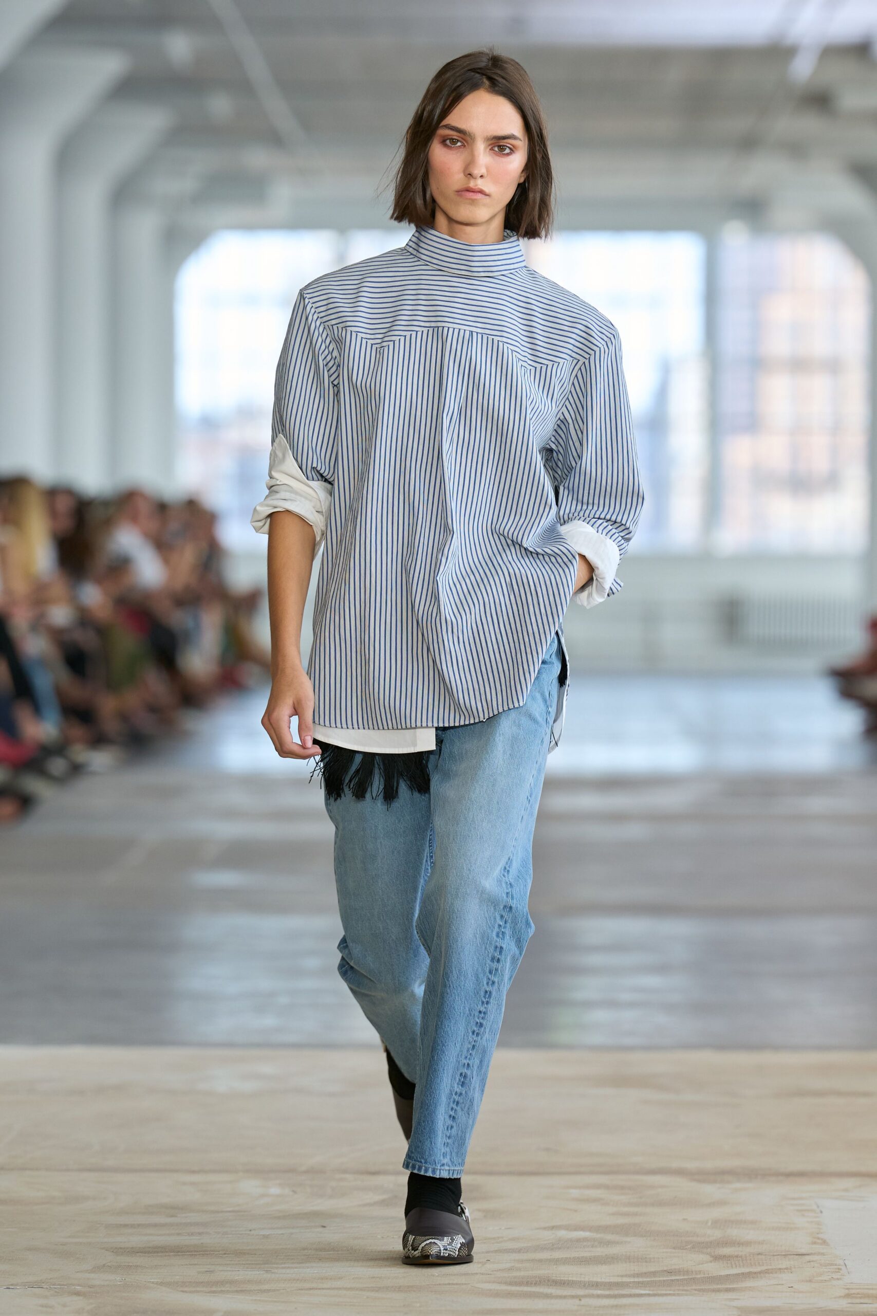 white cotton long-sleeve high-neck oversized striped shirt
