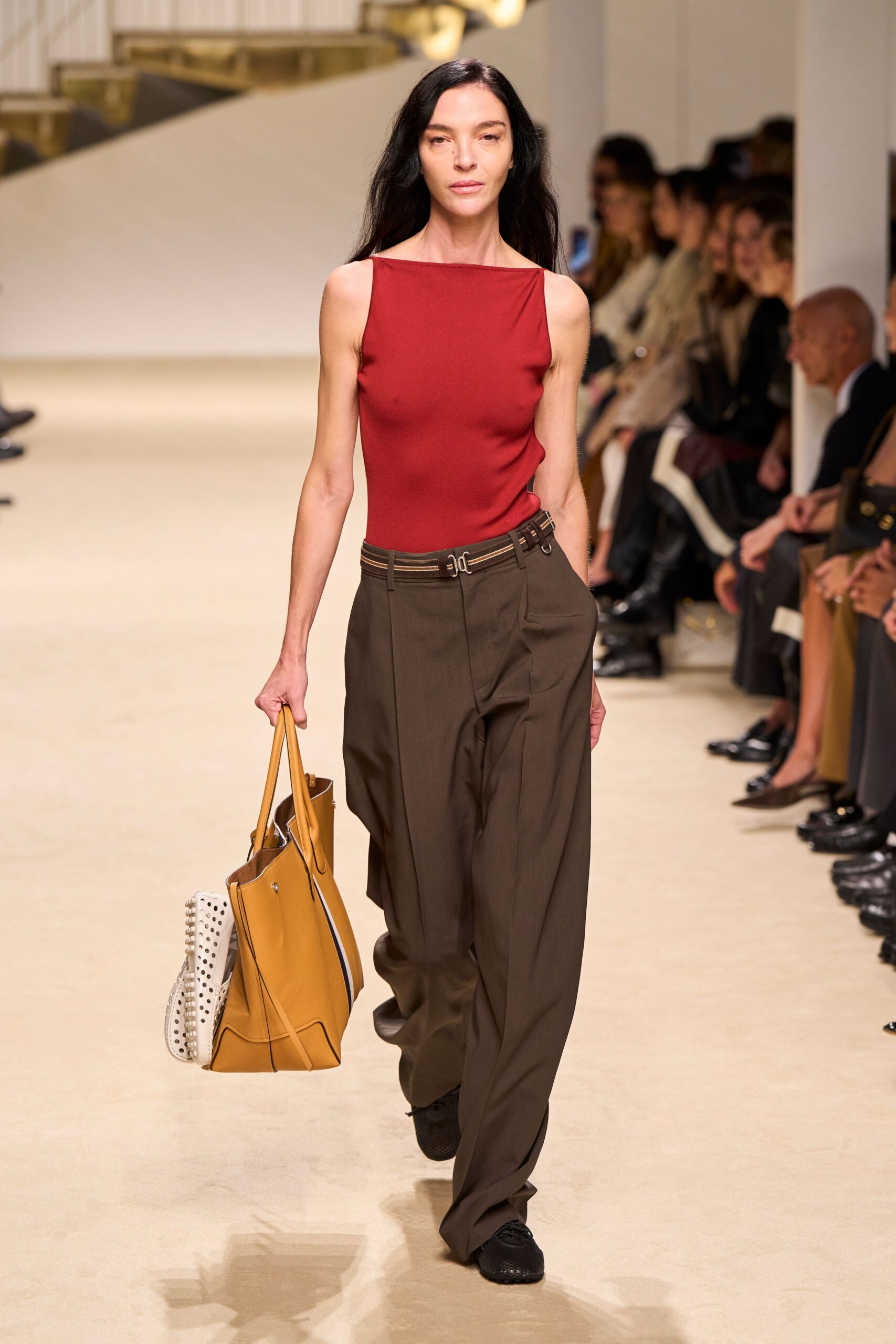 red boat-neck sleeveless top