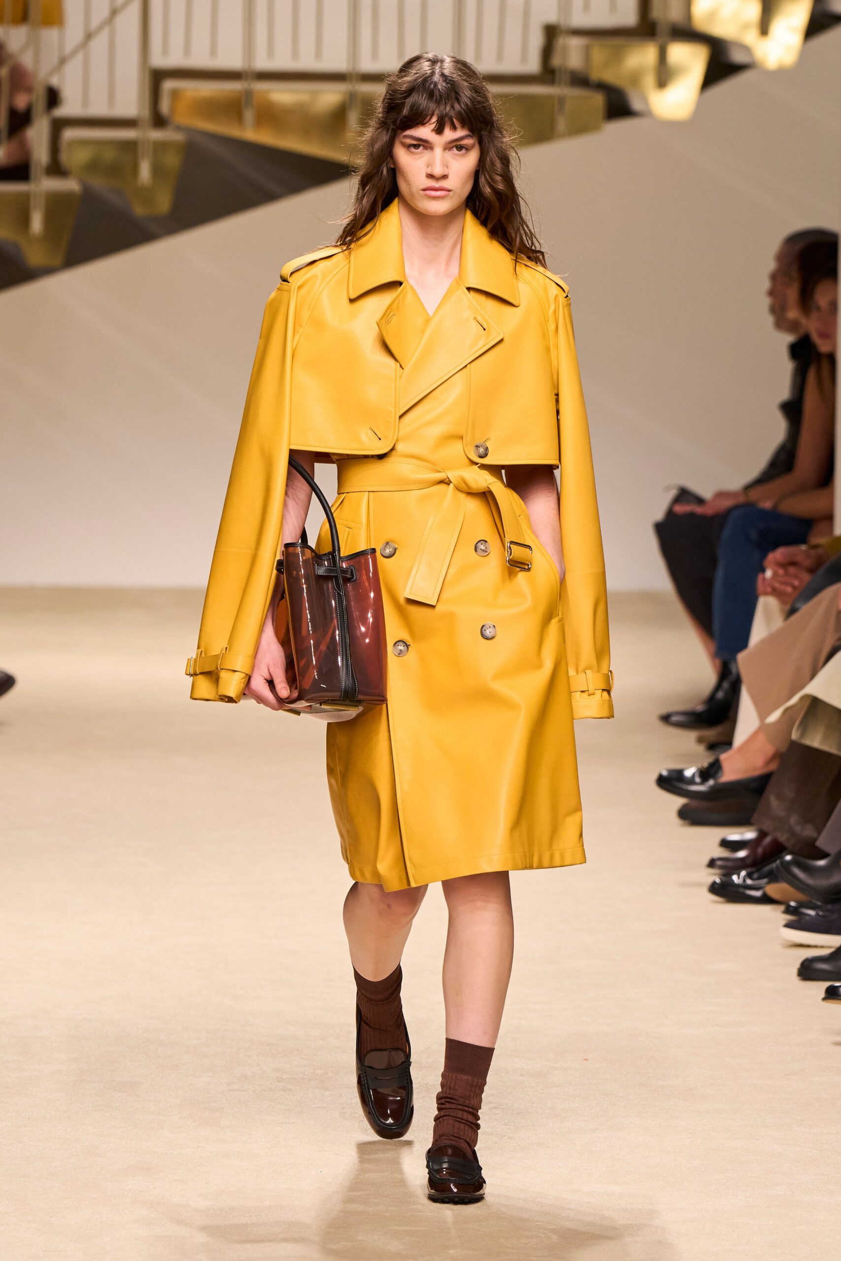 yellow leather cape trench coat