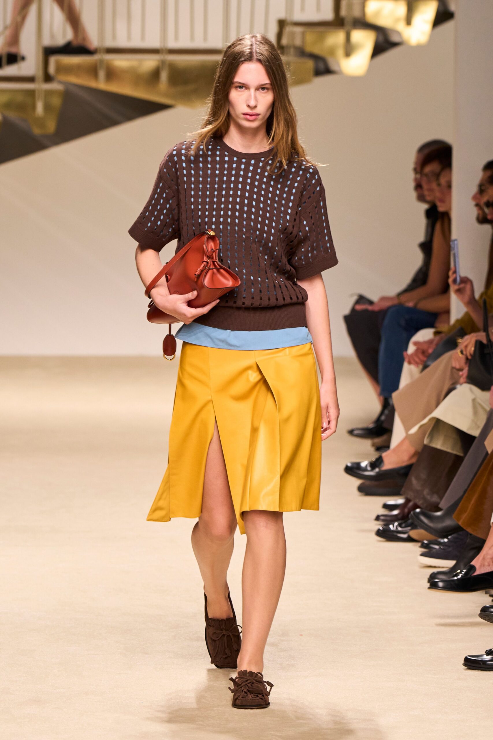 brown knit short-sleeve collared relaxed openwork printed sweater