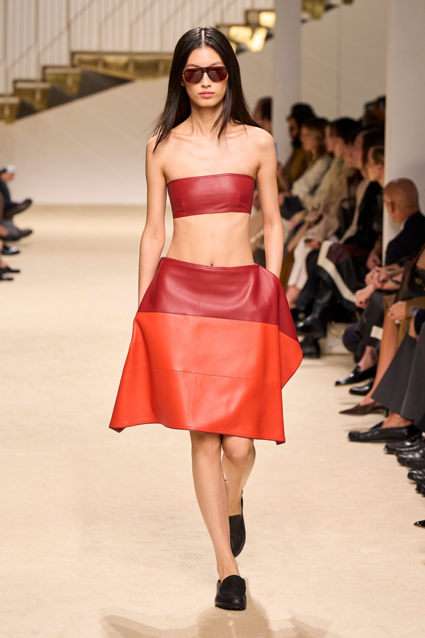 leather bandeau top and flared skirt