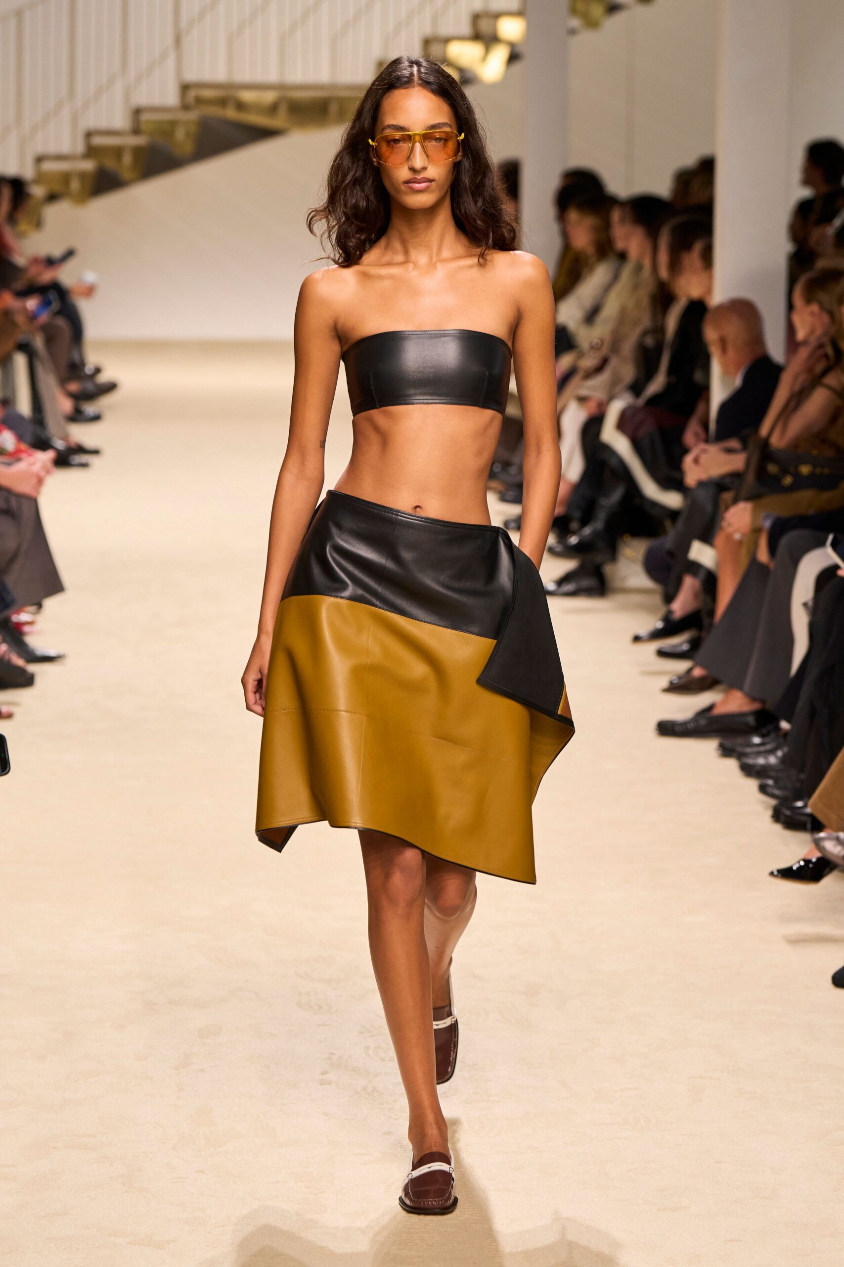 yellow leather asymmetric color-blocked draped shiny midi skirt