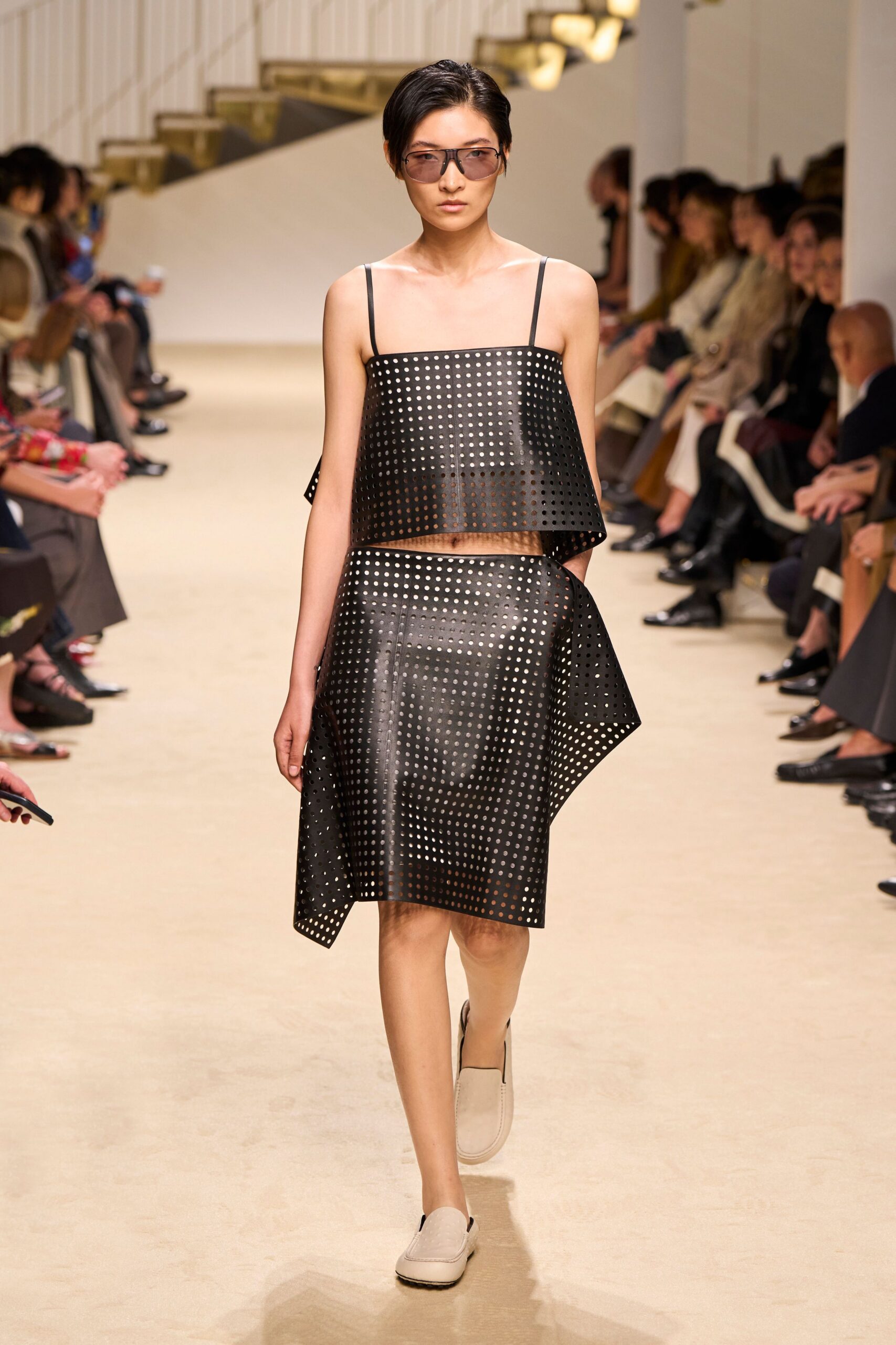 black leather spaghetti-strap square-neck perforated textured cropped top