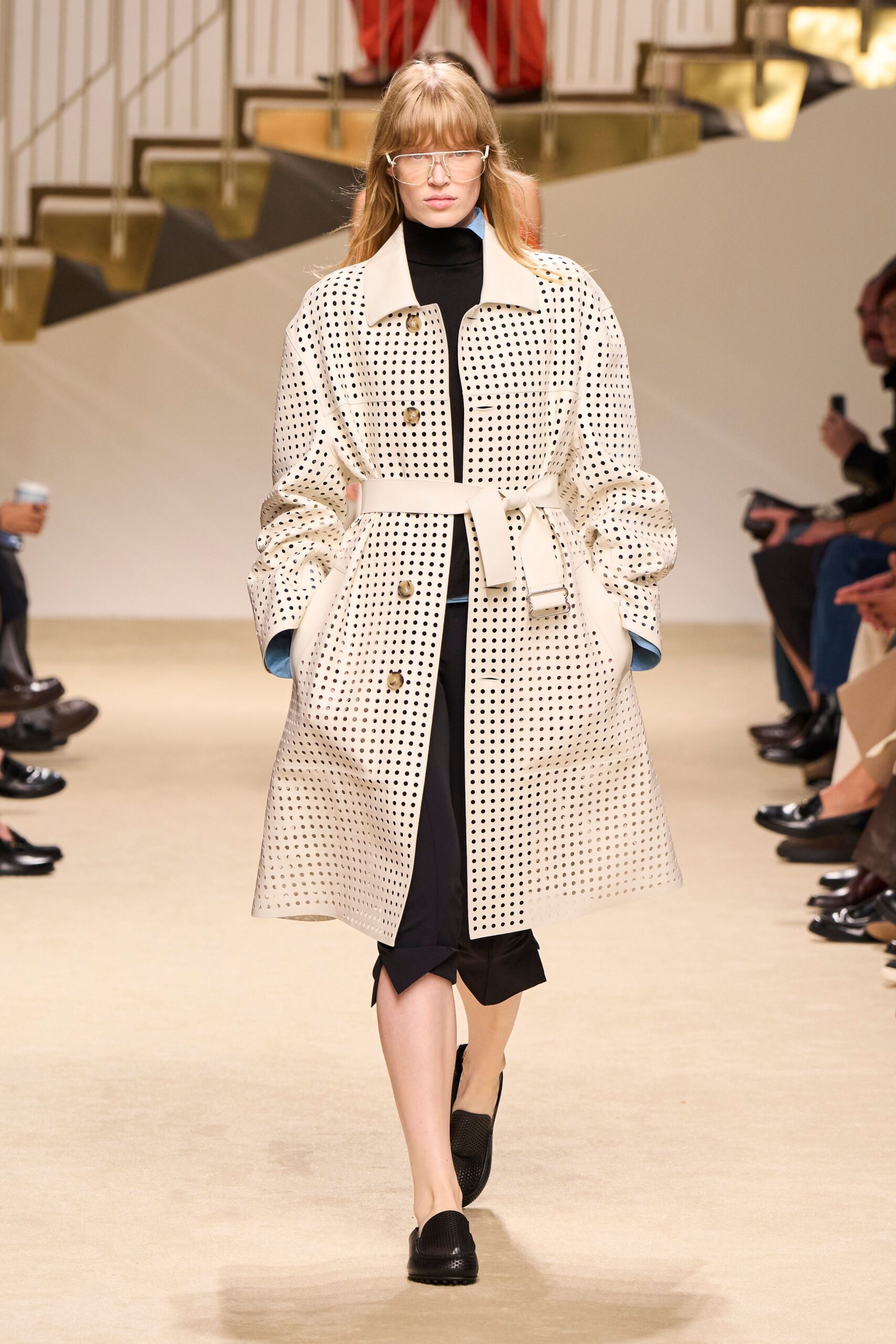 perforated leather belted trench coat