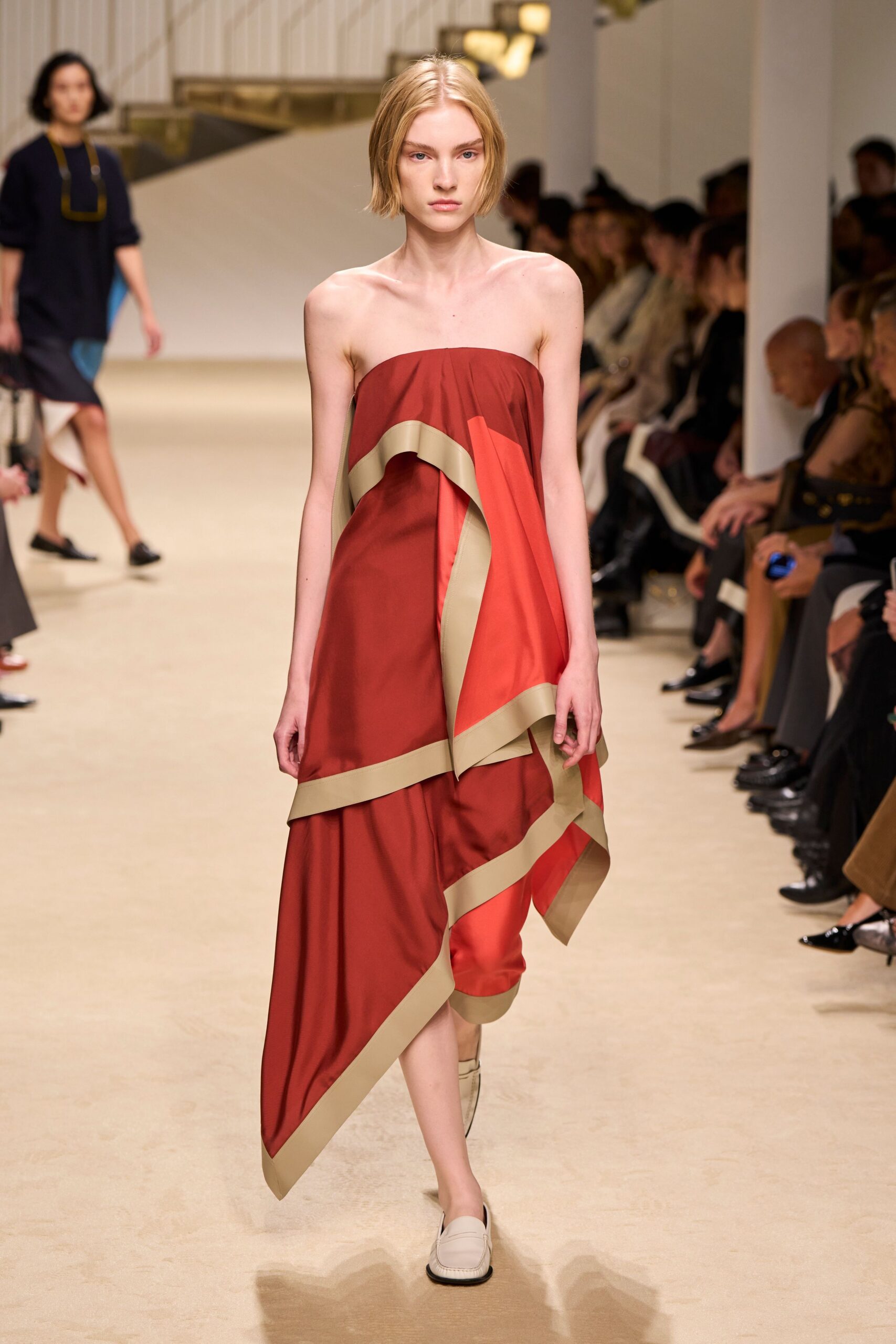 red satin strapless asymmetric color-blocked draped dress