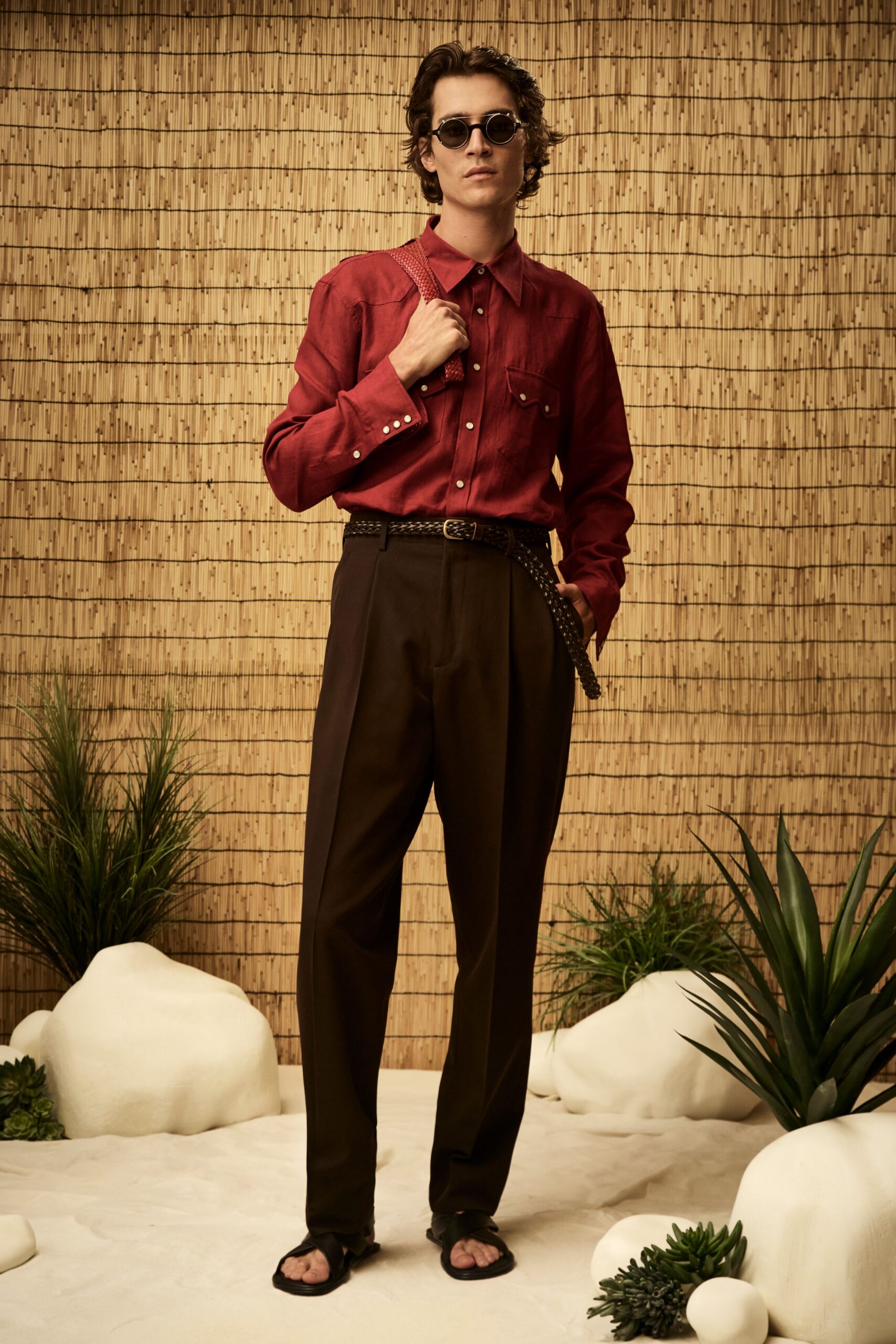 red linen button-front shirt