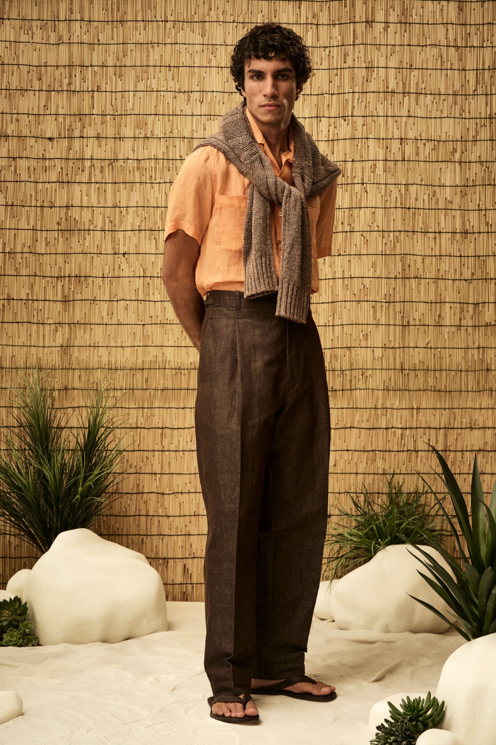 peach short-sleeve linen shirt