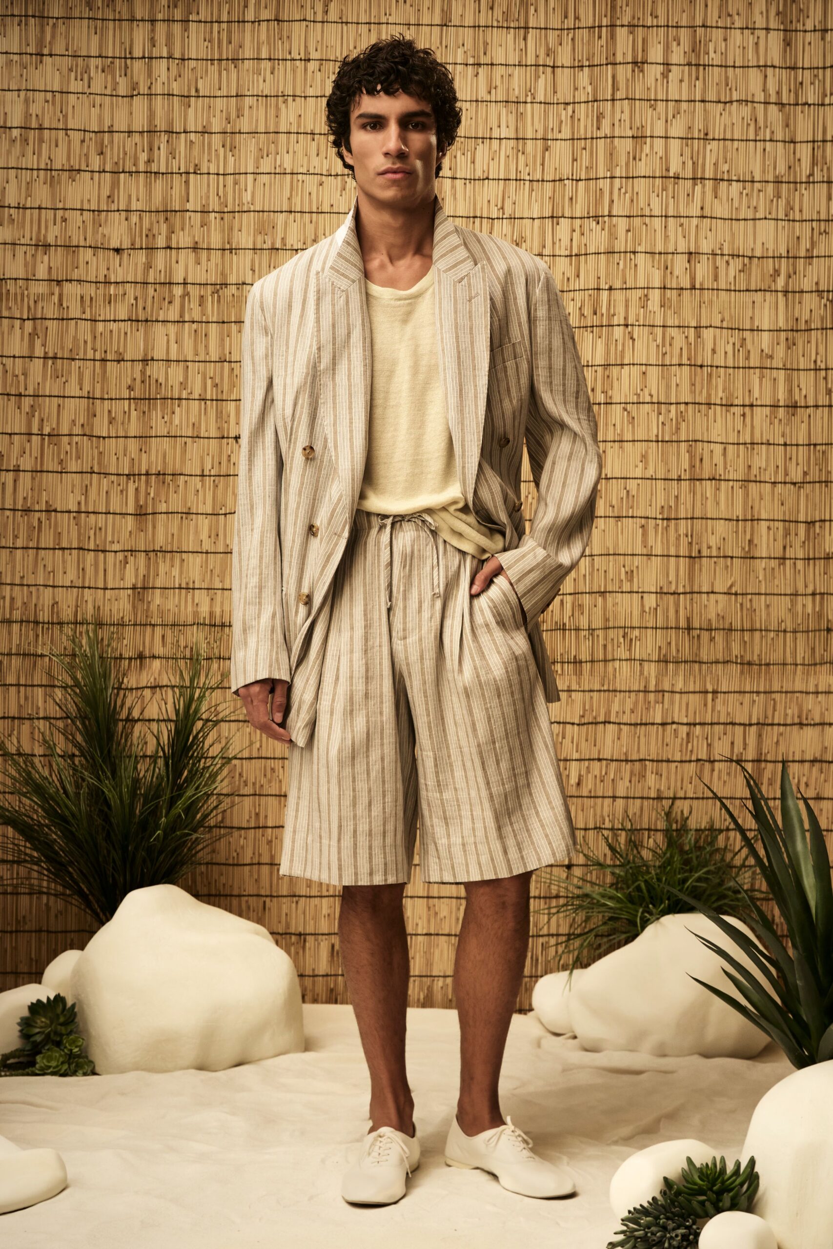 striped linen double-breasted blazer