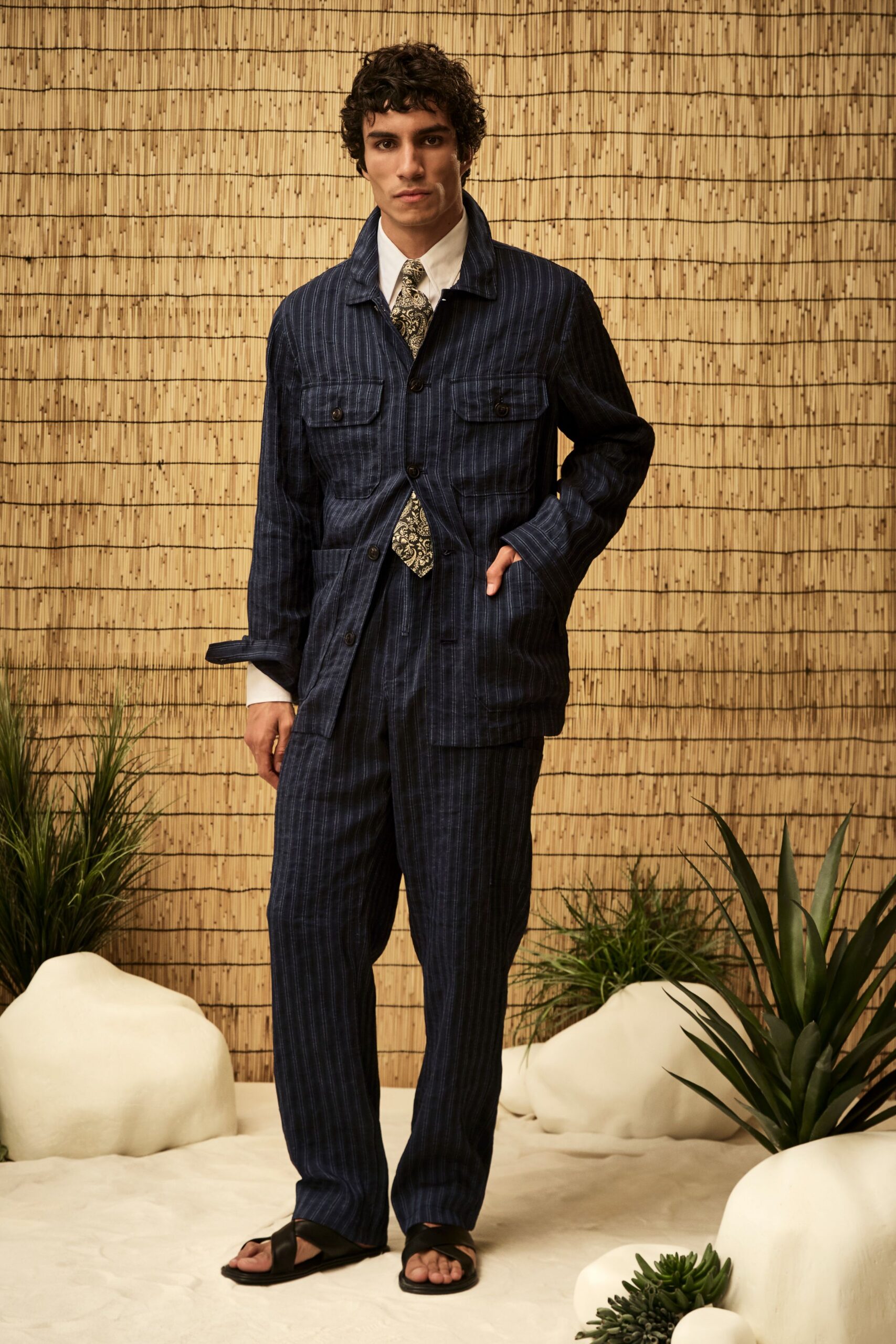 blue pinstriped safari jacket