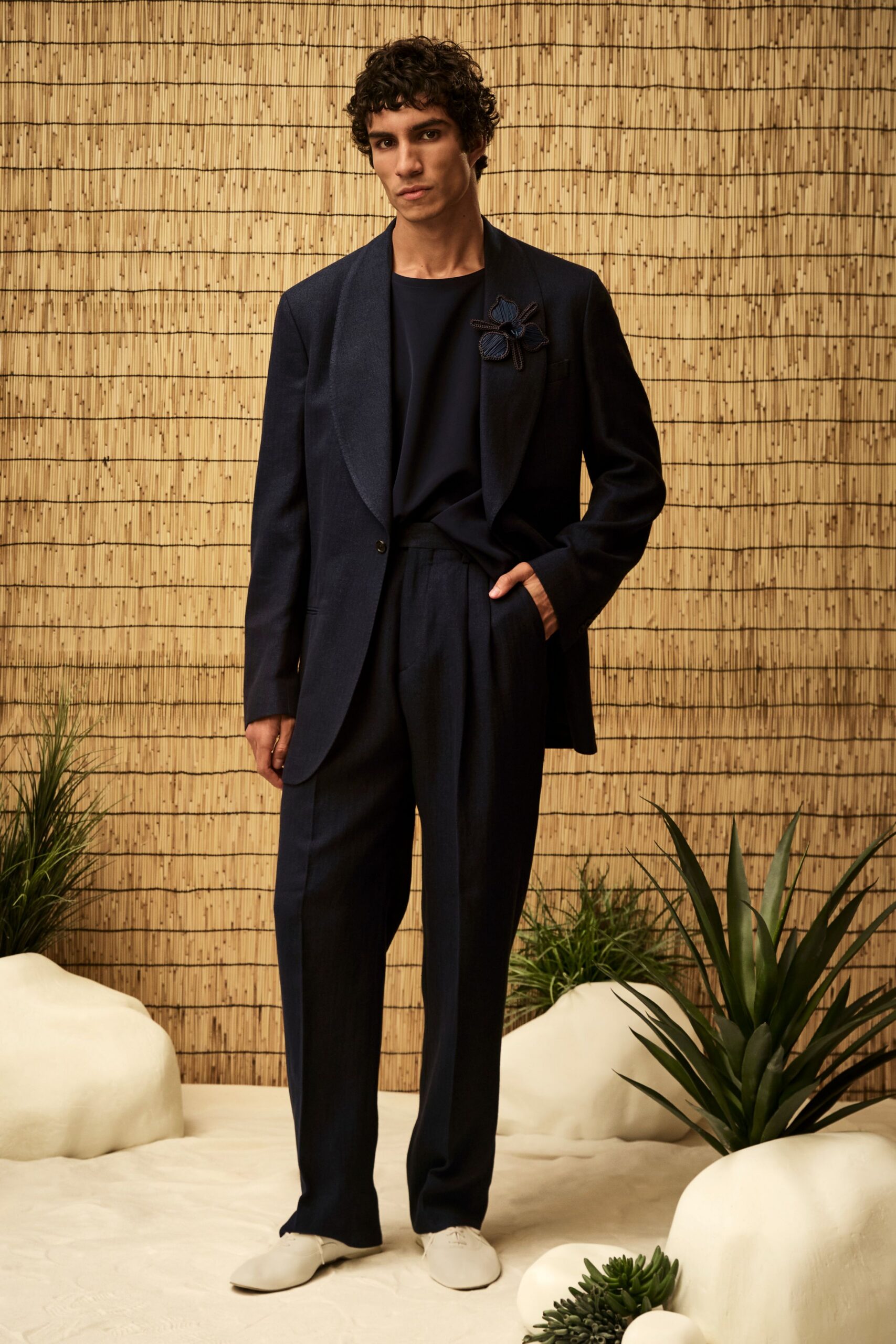 navy shawl-lapel blazer