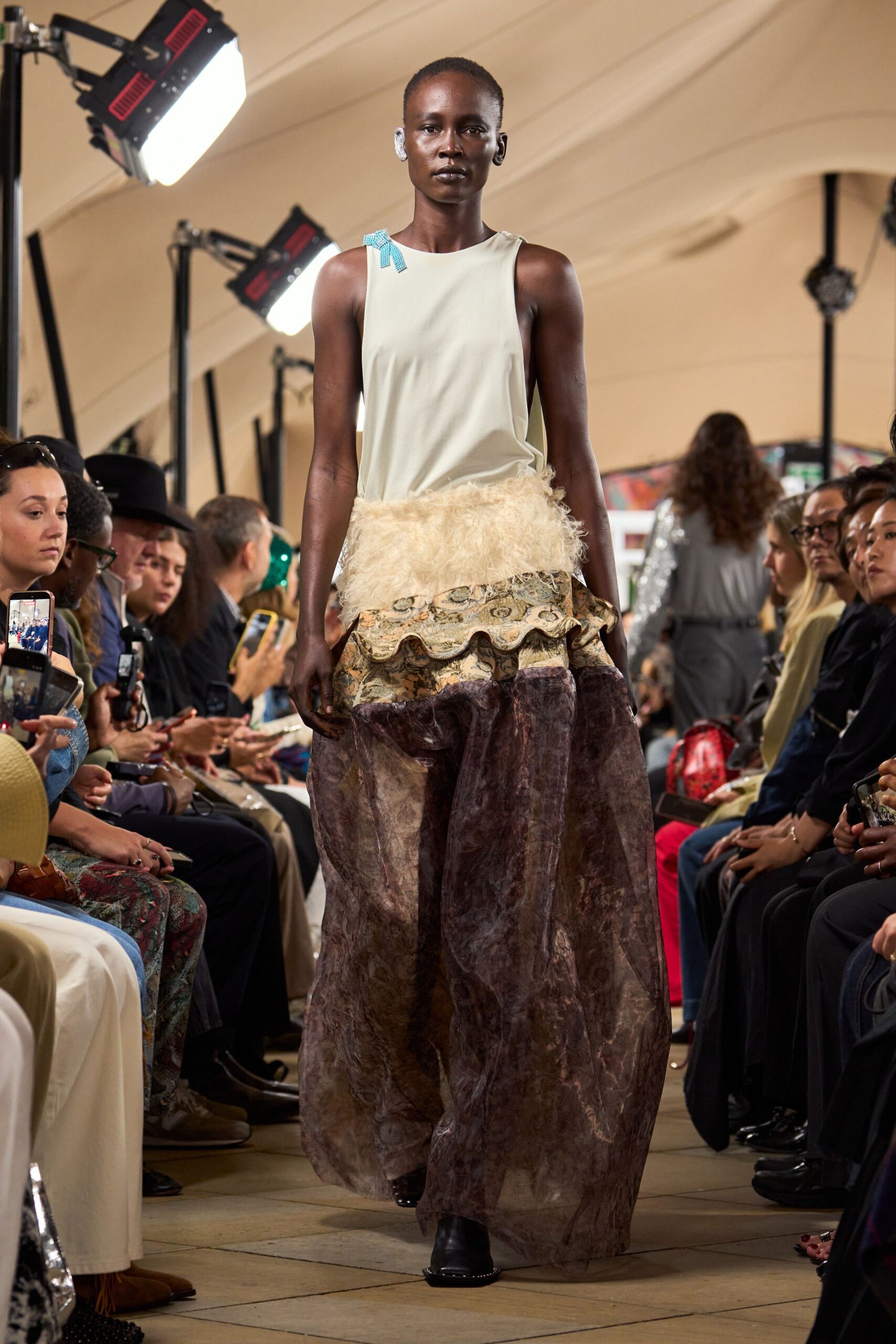 feather-trimmed sheer organza evening gown