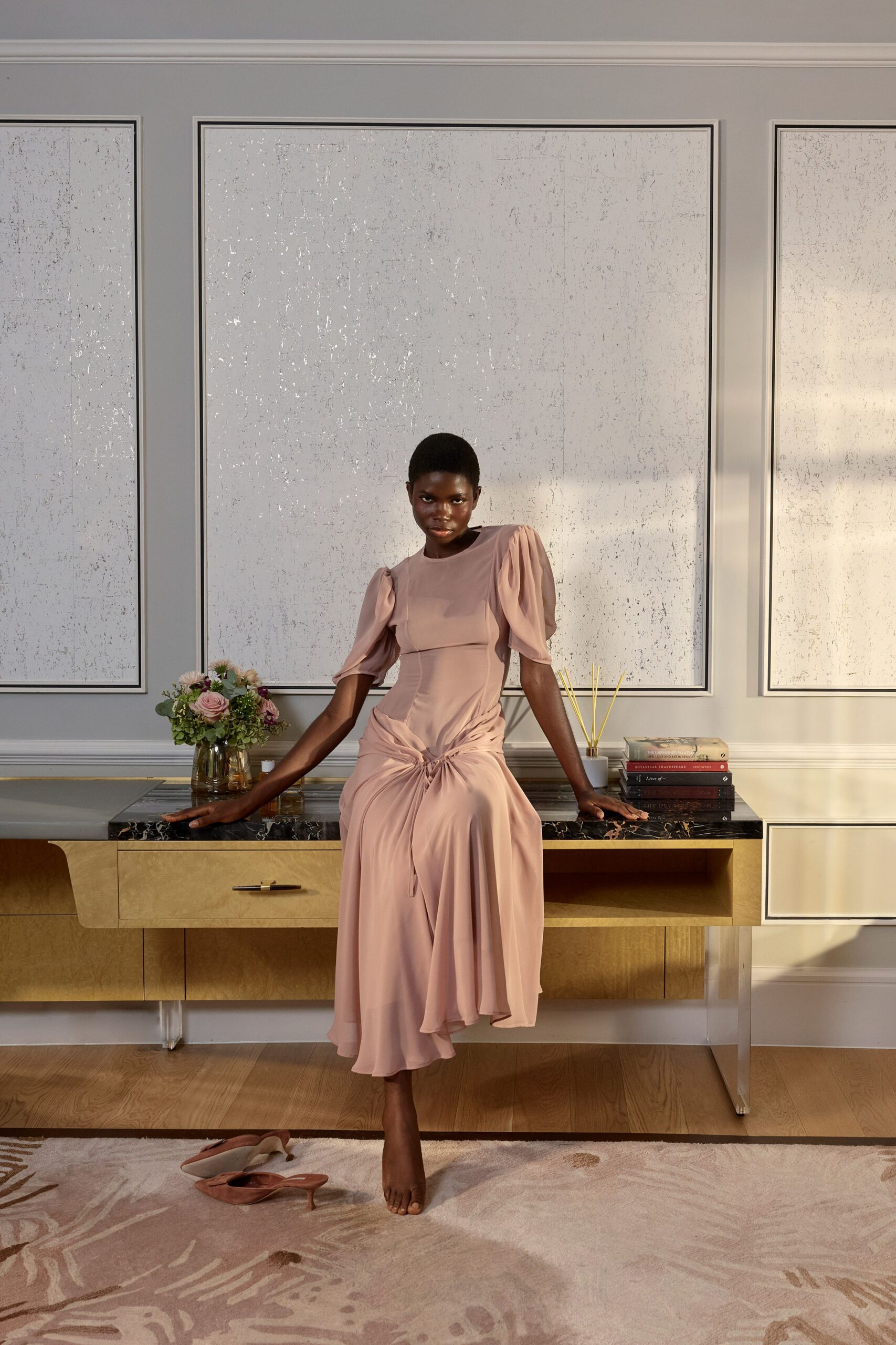 blush puff-sleeve draped maxi dress