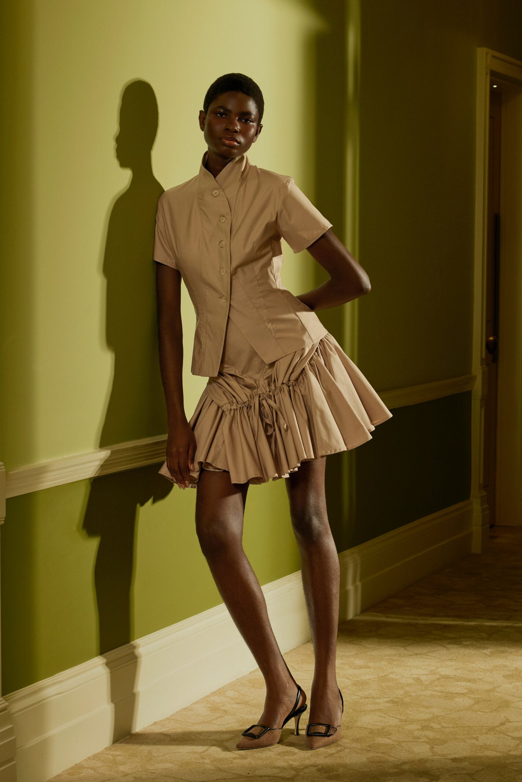 drop-waist ruffled mini skirt