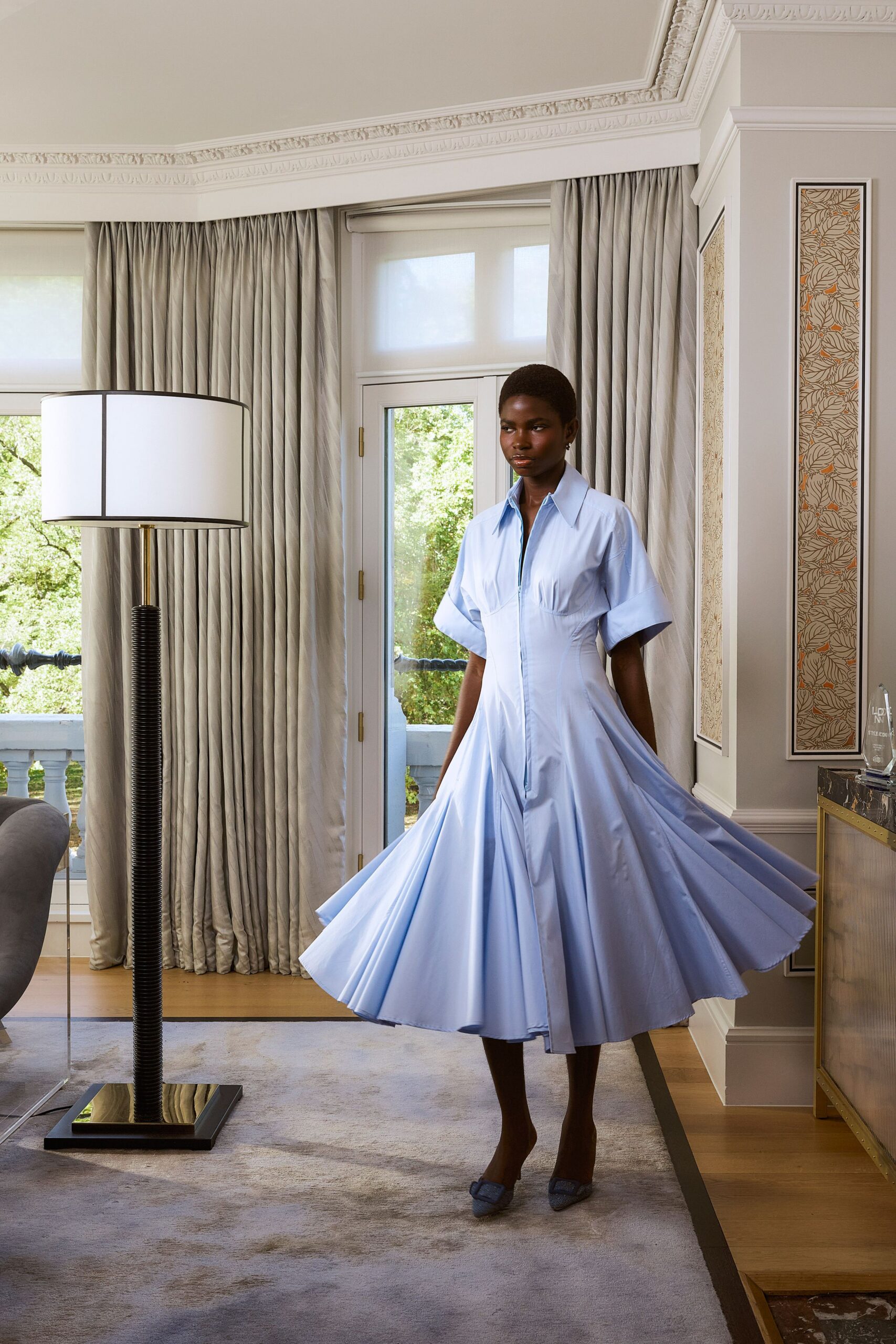 pale blue collared fit-and-flare dress