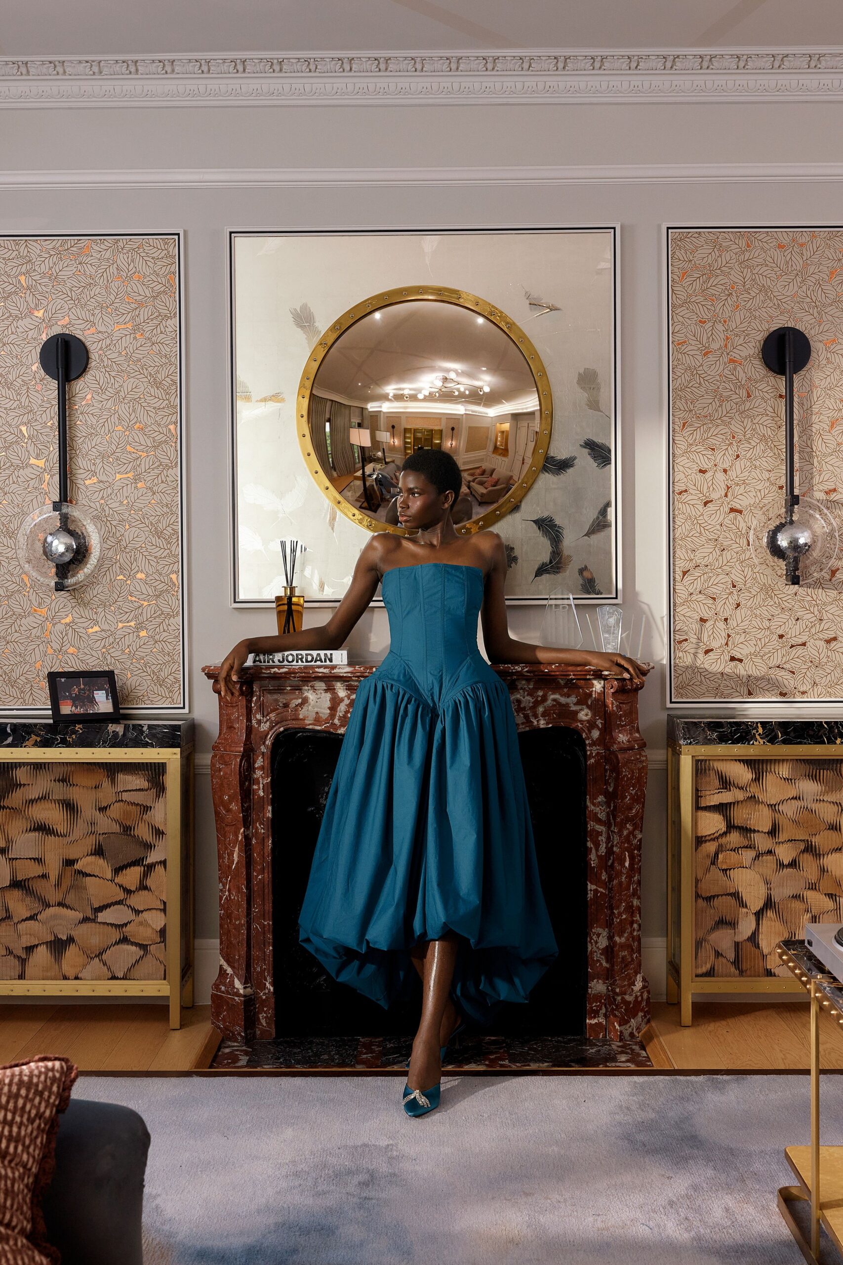 teal strapless drop-waist ball gown