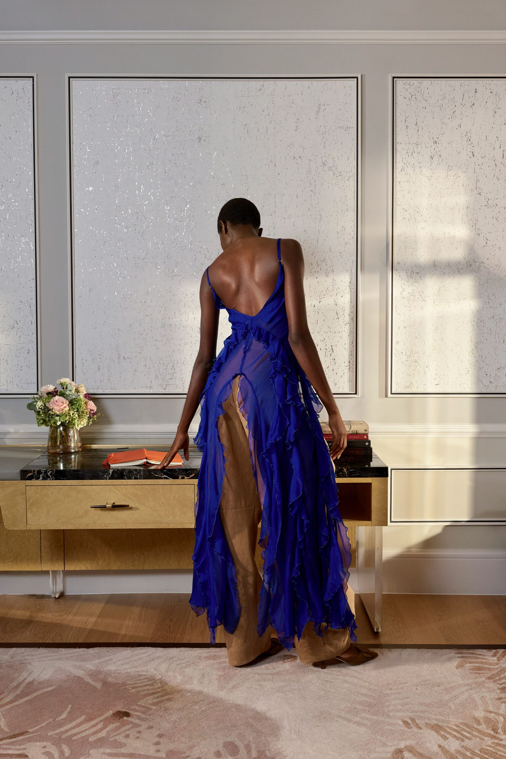 sheer ruffled blue backless gown