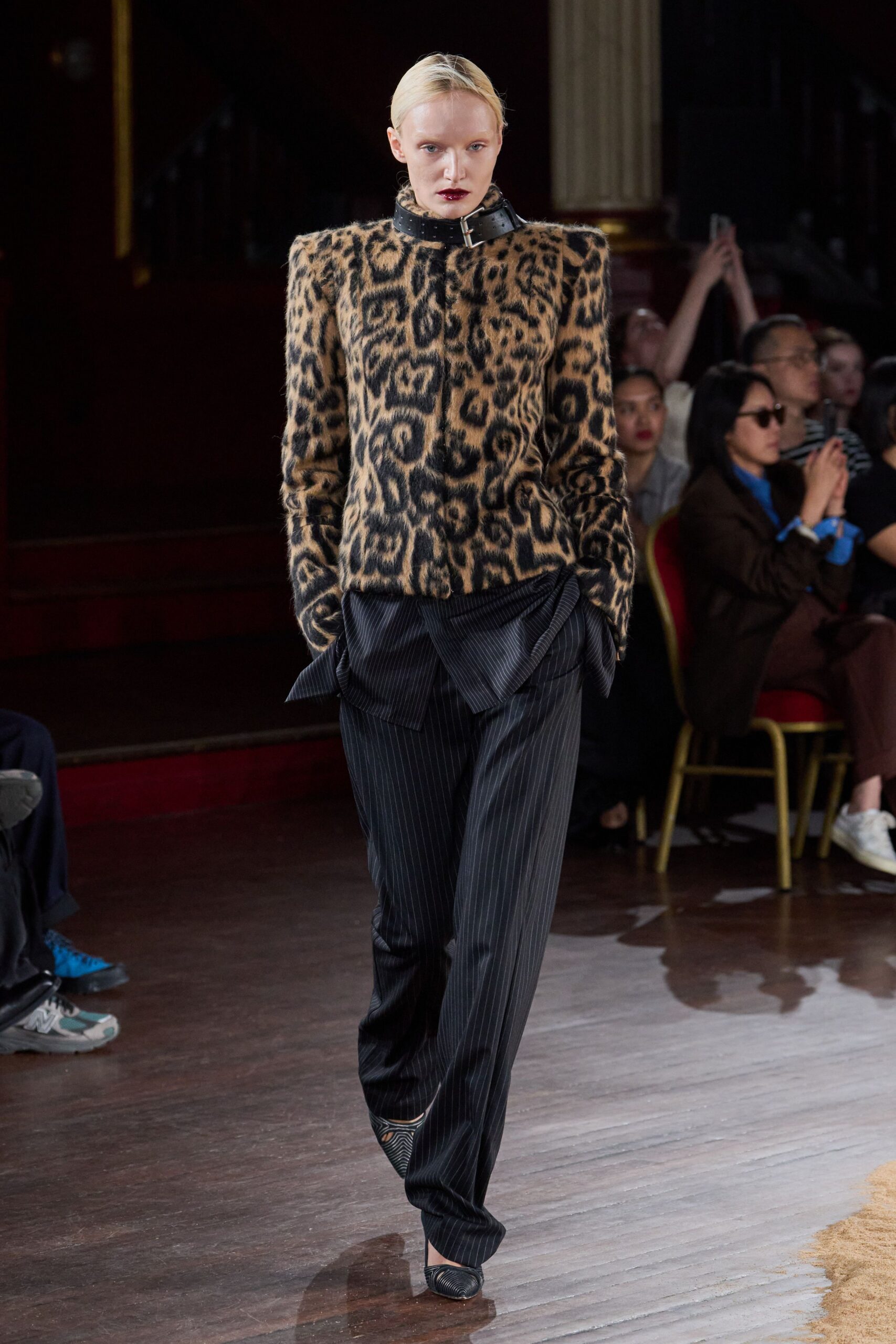 brown fur long-sleeve high-neck structured animal-print textured jacket