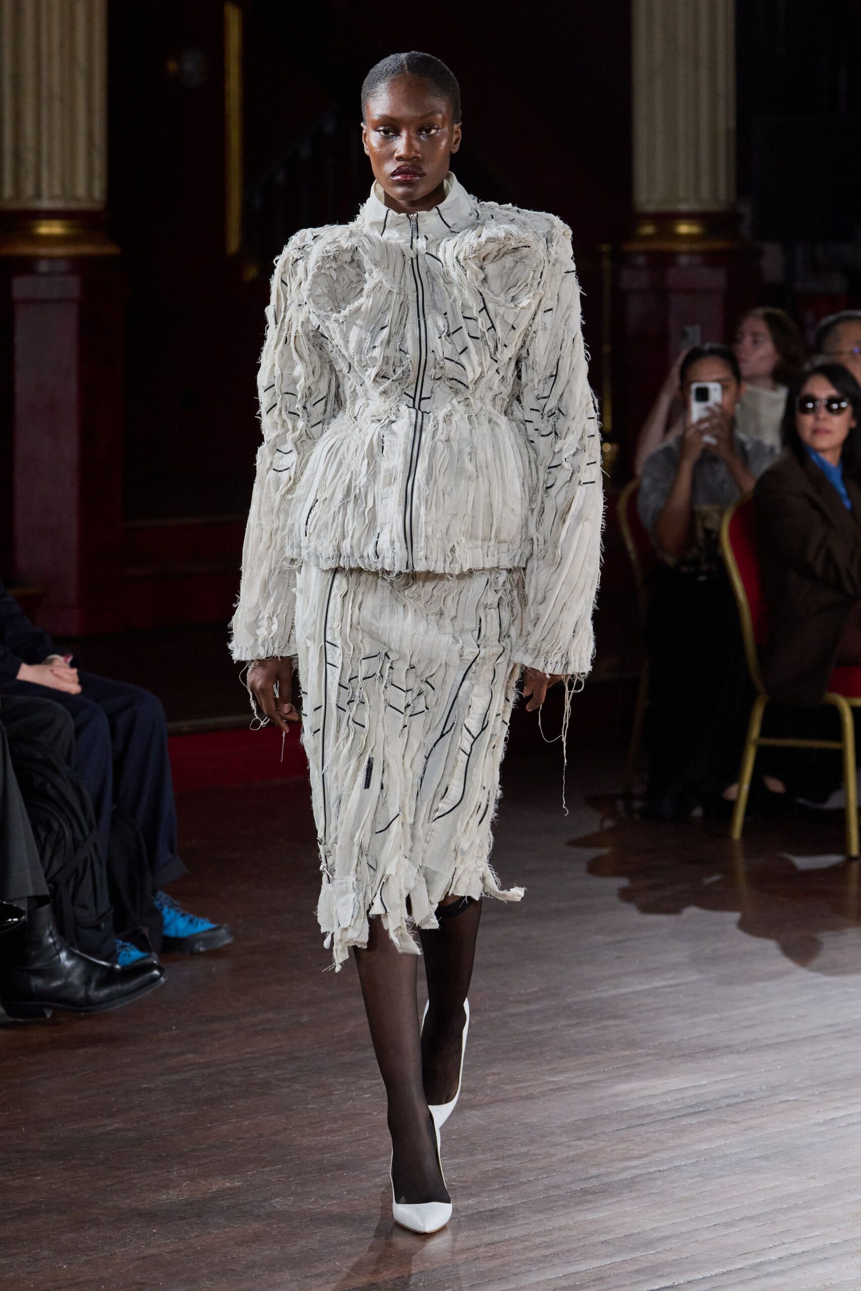 white unknown long-sleeve high-neck structured fringed zippered jacket