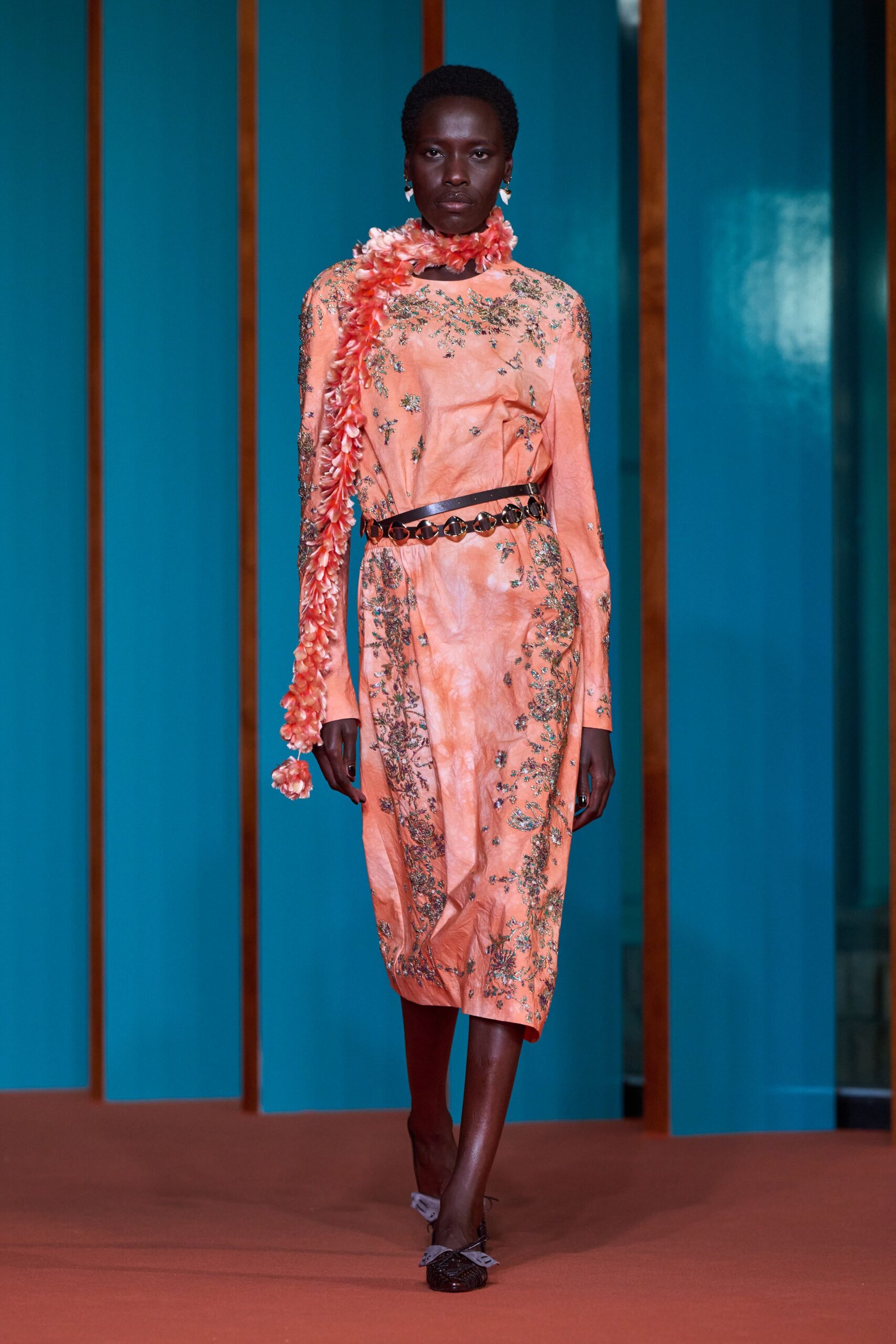 coral unknown long-sleeve high-neck embroidered belted textured midi-dress