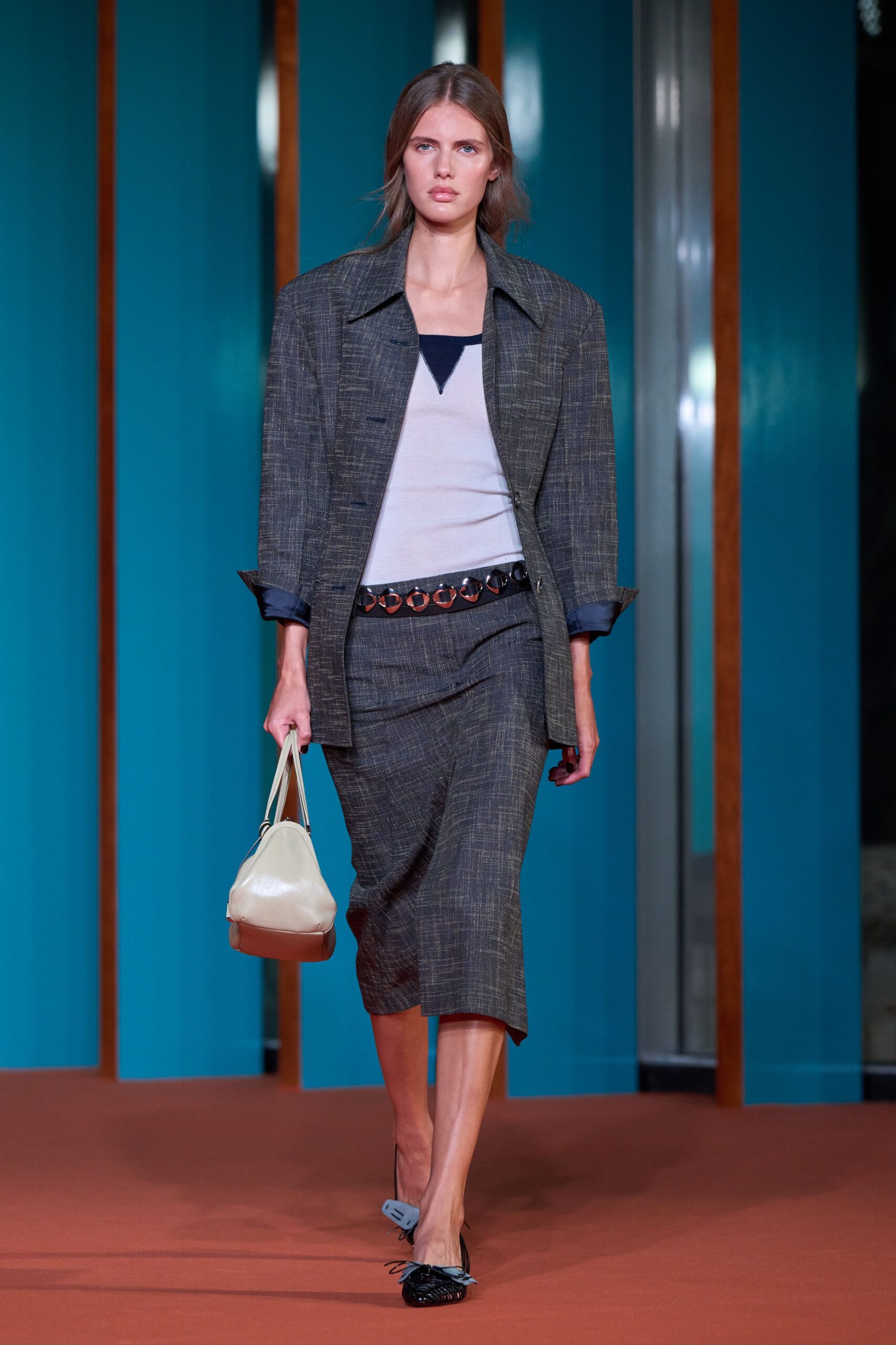 gray wool asymmetric checked belted textured midi skirt