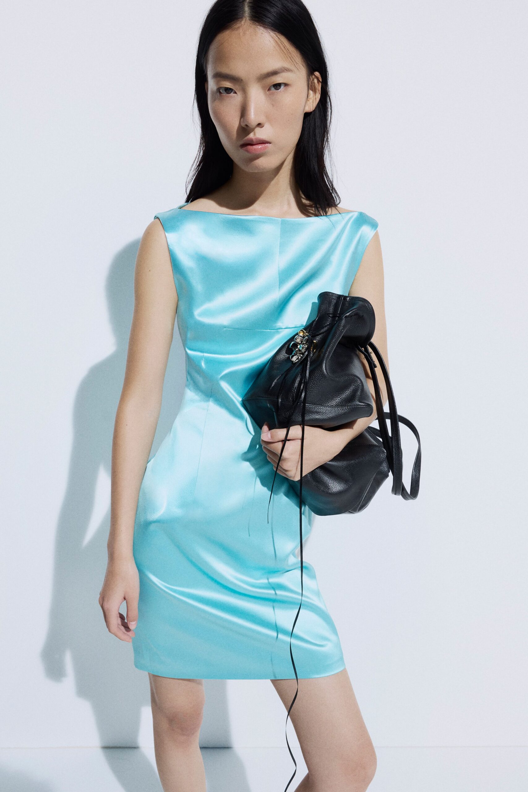 blue satin sleeveless boat-neck fitted draped shiny mini-dress