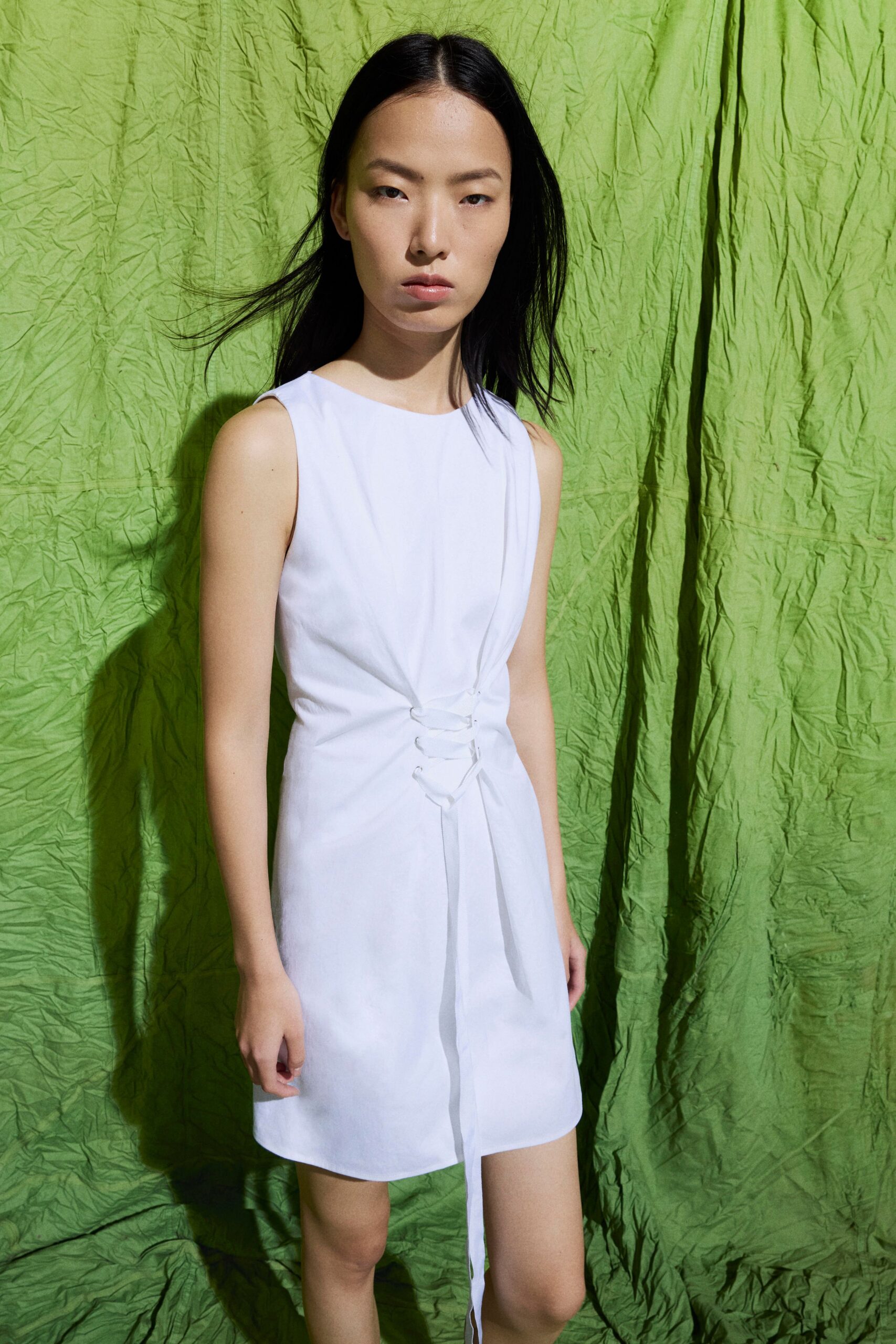 pale blue lace-up waist mini dress