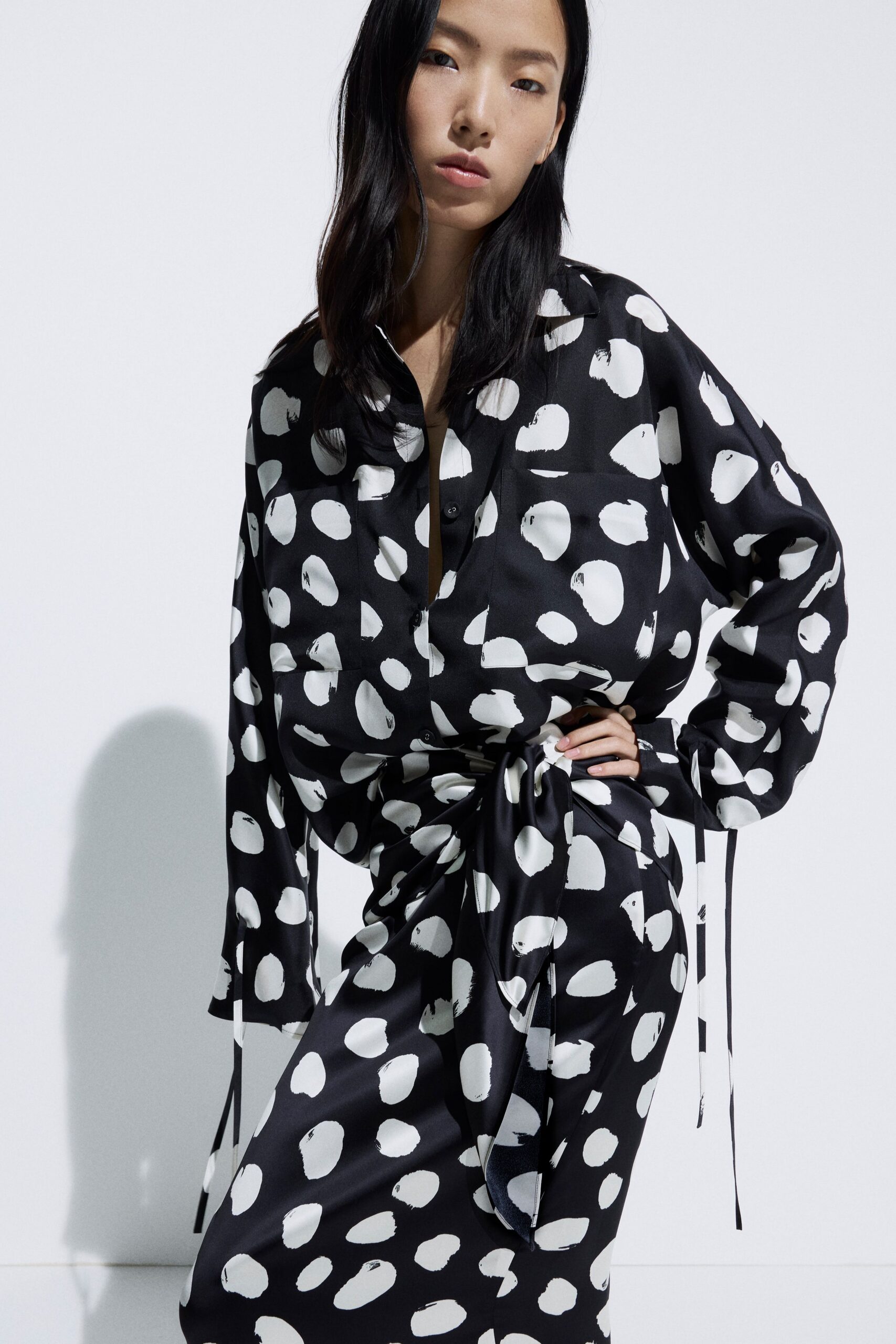 black satin wrap printed belted shiny flowing skirt