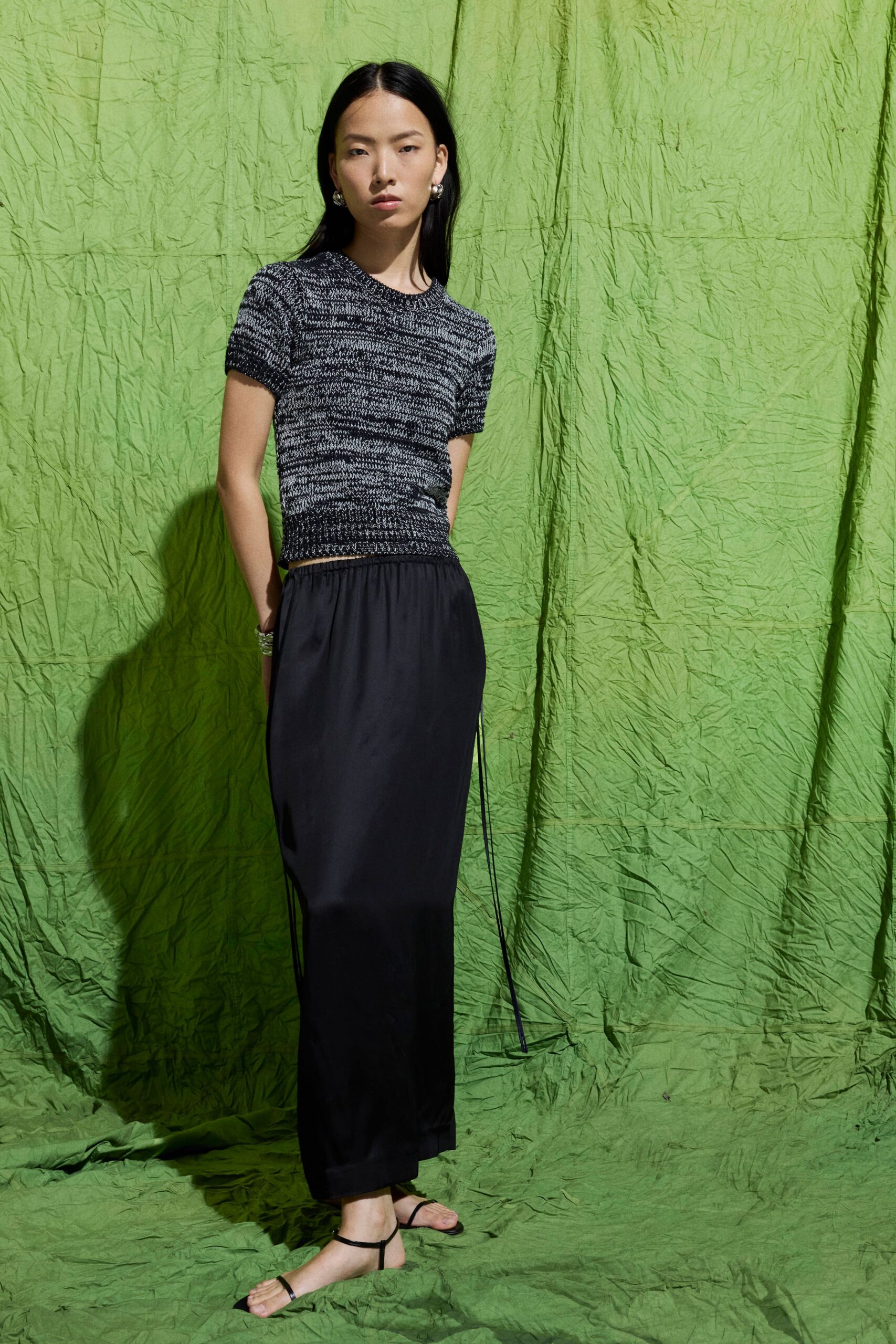 black satin straight-leg shiny maxi skirt