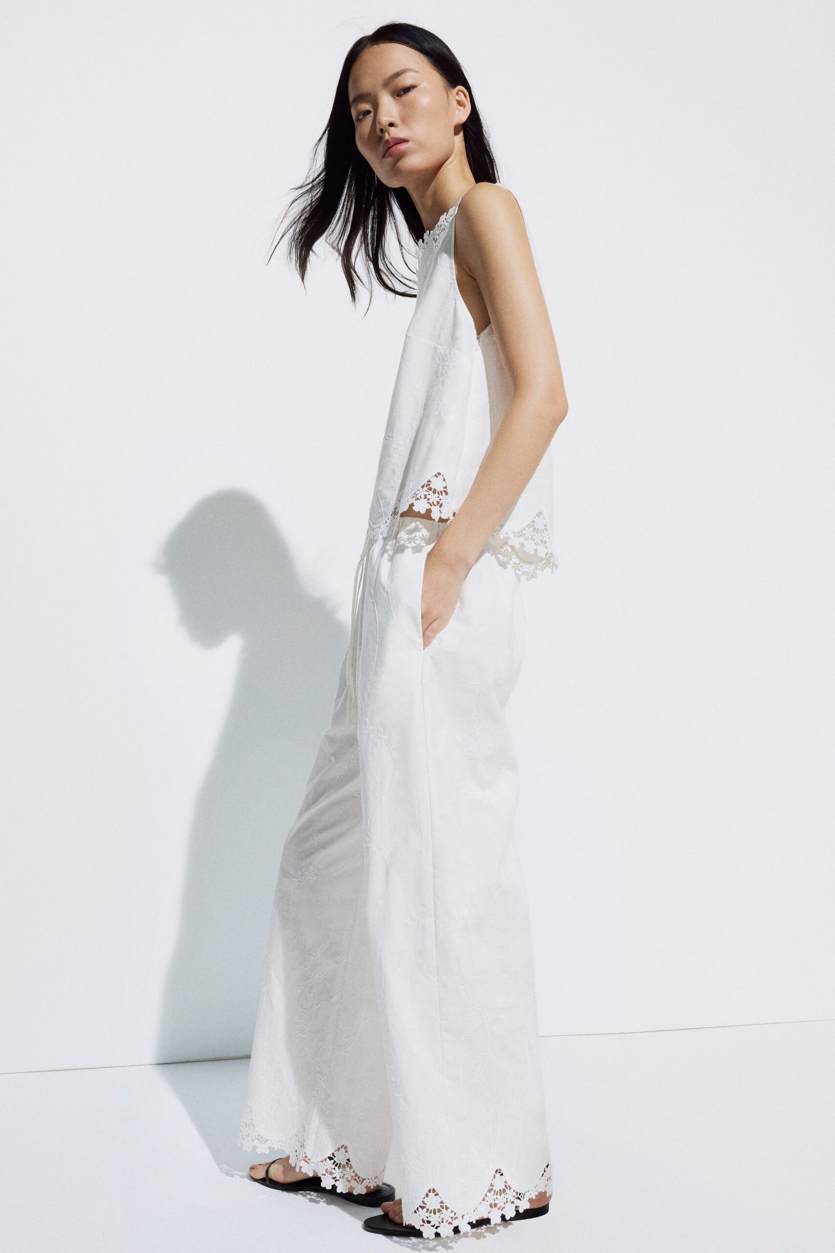 white unknown sleeveless high-neck relaxed embroidered openwork jumpsuit