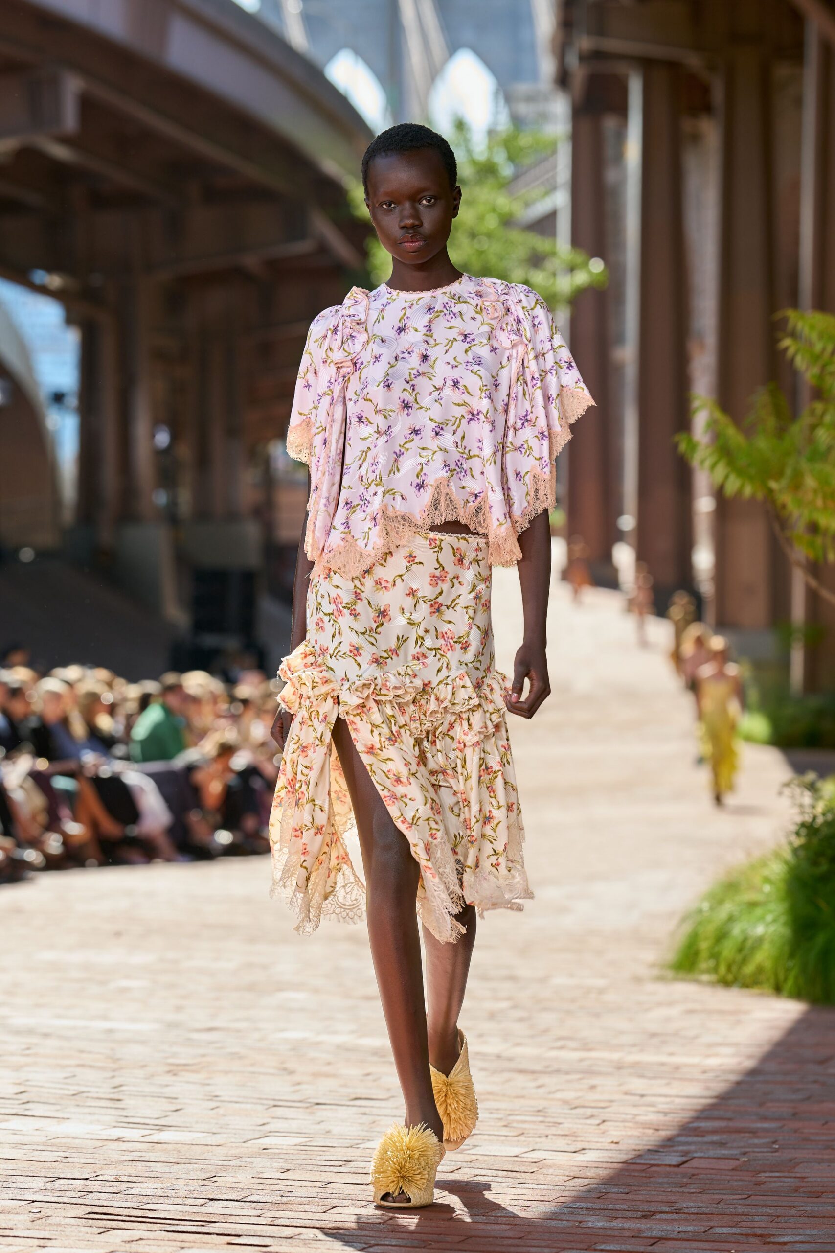 ruffled floral chiffon capelet top